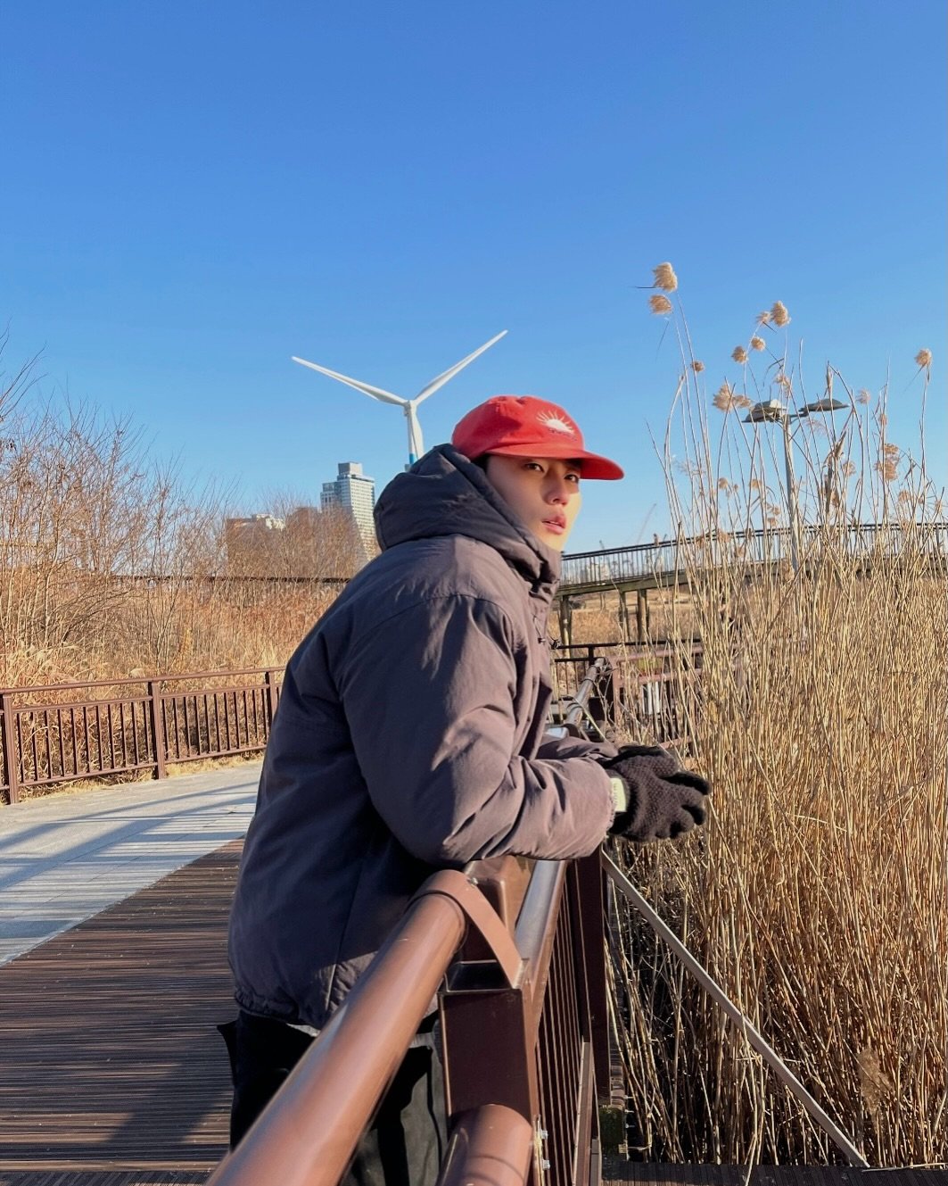Photo by 김정철 on January 01, 2026. May be an image of parka, windmill, grass, park, suspension bridge and text.