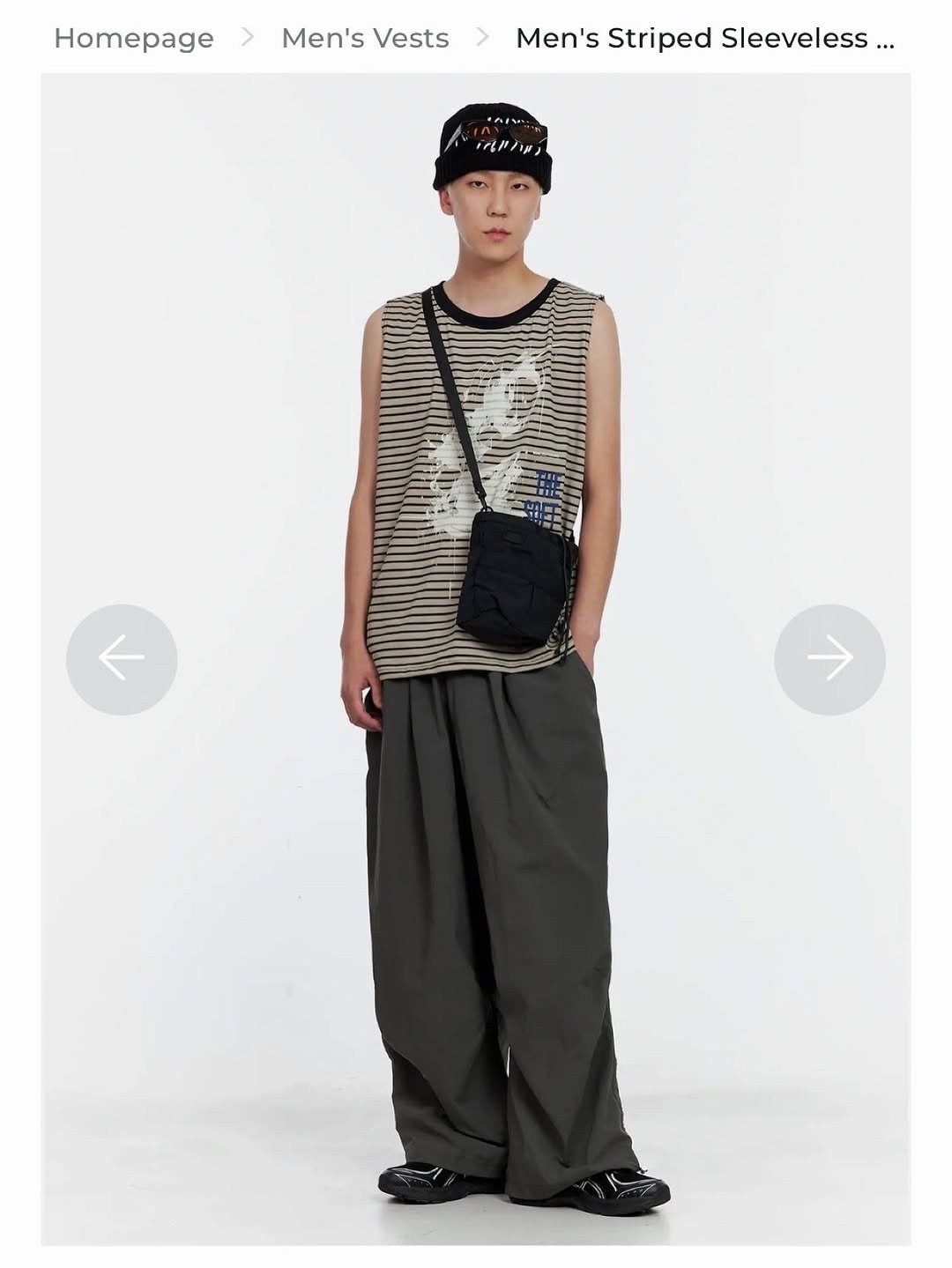 Photo by 김정철 on July 13, 2025. May be an image of 1 person, kilt, drawstring, sweatpants and text that says 'Homepage Men's Vests Men's Striped Sleeveless. Men'sStripedSlees... less... iriltins A'.