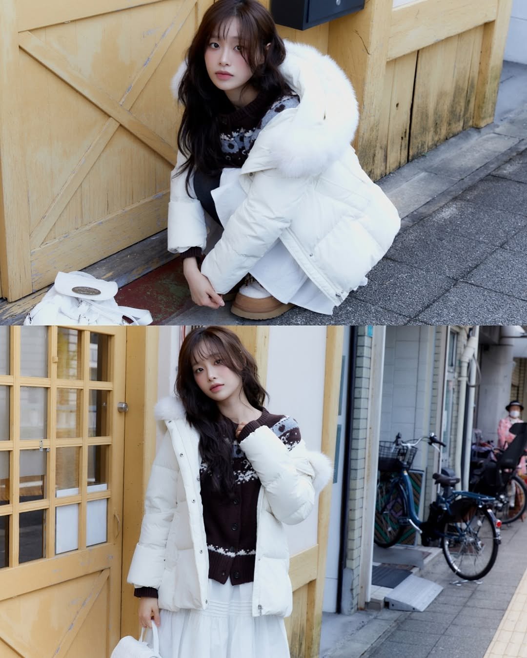 Photo by 츄 on October 20, 2025. May be an image of one or more people, hair, duffle coat, overcoat, goosedown coat, fur coat, jacket, parka, dress and text.