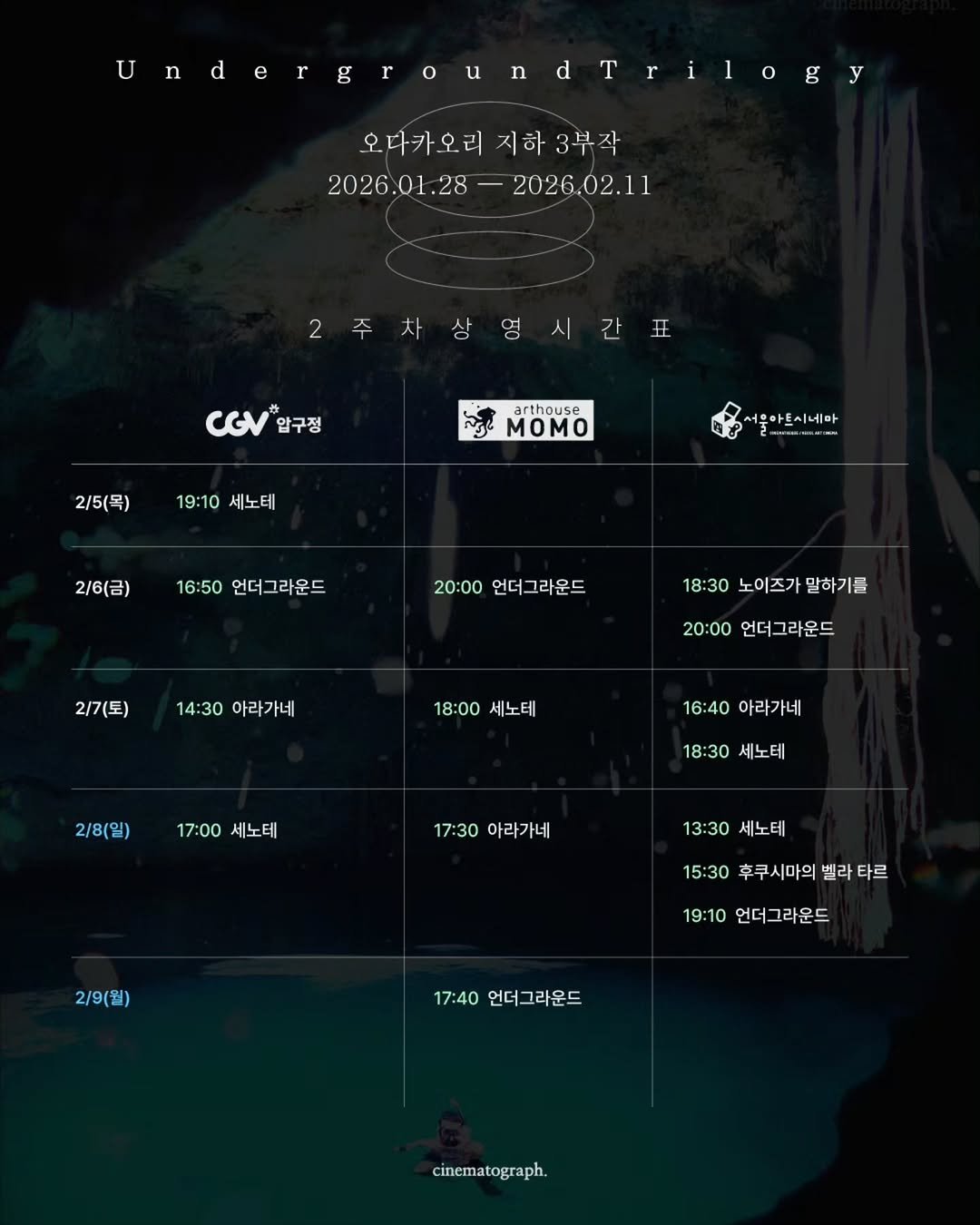 Photo by 시네마토그래프 on February 04, 2026. May be a cartoon of map, radar, poster and text that says 'undergrowndTrilogy tergrounderila.. U 오다카오리 오다카오리지하3부작 지하3부작 2026.01.28 2026.01.28-2026.02.11 .28 2026.02.11 2주차상영시간표 GV입구정 압구정 2/5(목) arthouse momo 19:10 세노테 아토시네마 2/6(금) 16:50 언더그라운드 20:00 언더그라운드 2/7(토) 18:30 노이즈가 말하기를 14:30 아라가네 20：00 언더 언더그라운드 18:00 세노테 2\/8(일) 16:40 아라가네 17:00 세노테 18:30 세노테 테 17:30 아라가네 13:30 13:30세노테 세노테 2/9(월) 15:30 후쿠시마의 벨라 타르 19:10 언더그라운드 17:40 17:40언더그라운드 언더그라운드 cinematograph.'.