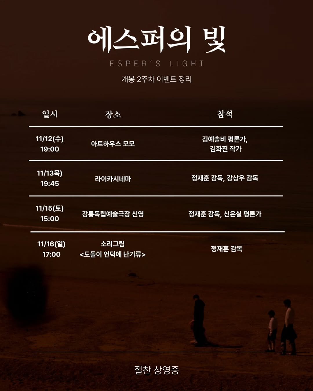 Photo by 시네마토그래프 on November 12, 2025. May be an image of poster and text that says '에스퍼의 빛 개봉 개봉2주차이벤트정리 2주차 이벤트 정리 일시 장소 11/12(수) 19:00 참석 아트하우스 모모 11/13목) 19:45 김예솔비 김예솔비평론가, 평론가, 김화진 김화진작가 작가 라이카시네마 11/15(토) 15:00 정재훈감독,강상우감독 정재훈 감독, 강상우 감독 강릉독립예술극장소 신영 정재훈 감독, 신은실 평론가 11/16(일) 17:00 소리그림 <도돌이언덕에난기류> <도돌이 언덕에 난기류> 정재훈감독 감독 절찬 상영중'.