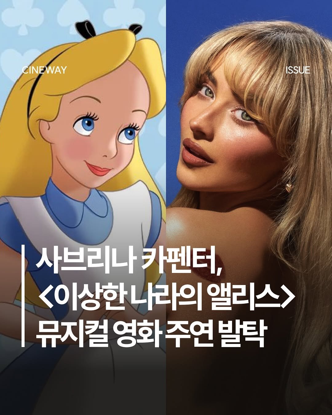Photo by 할리우드 미디어 뉴스레터 씨네웨이 on November 11, 2025. May be a cartoon of poster and text that says 'CINEWAY ISSUE 사브리나카펜터 카펜터, <이상한라의 앨리스> 뮤지컬 영화 영화주연발탁 주연 발탁'.
