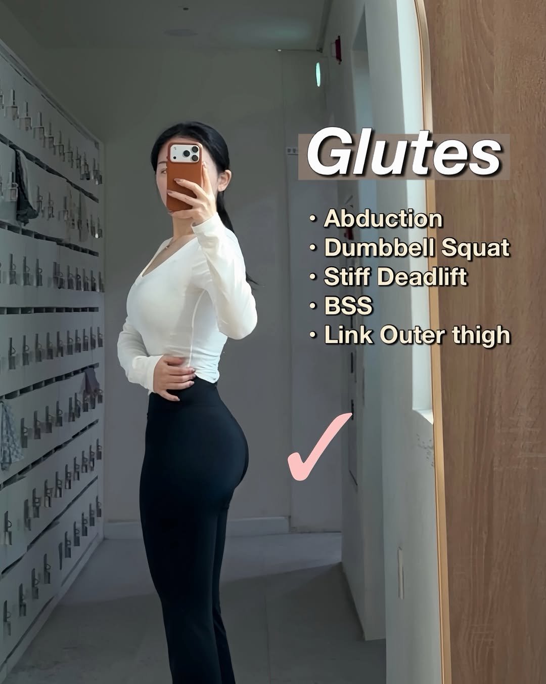 Photo by 예린 on December 09, 2025. May be an image of text that says 'Glutes Abduction Dumbbell Squat Stiff Deadlift BSS ·Link Outer thigh'.