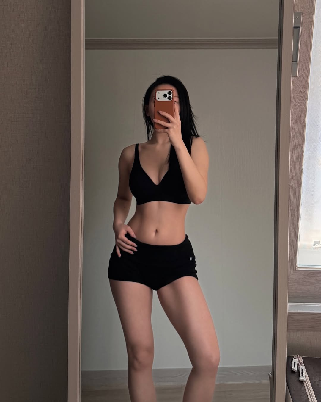 Photo by 예린 on February 13, 2026. May be an image of activewear, shorts, bra and text.