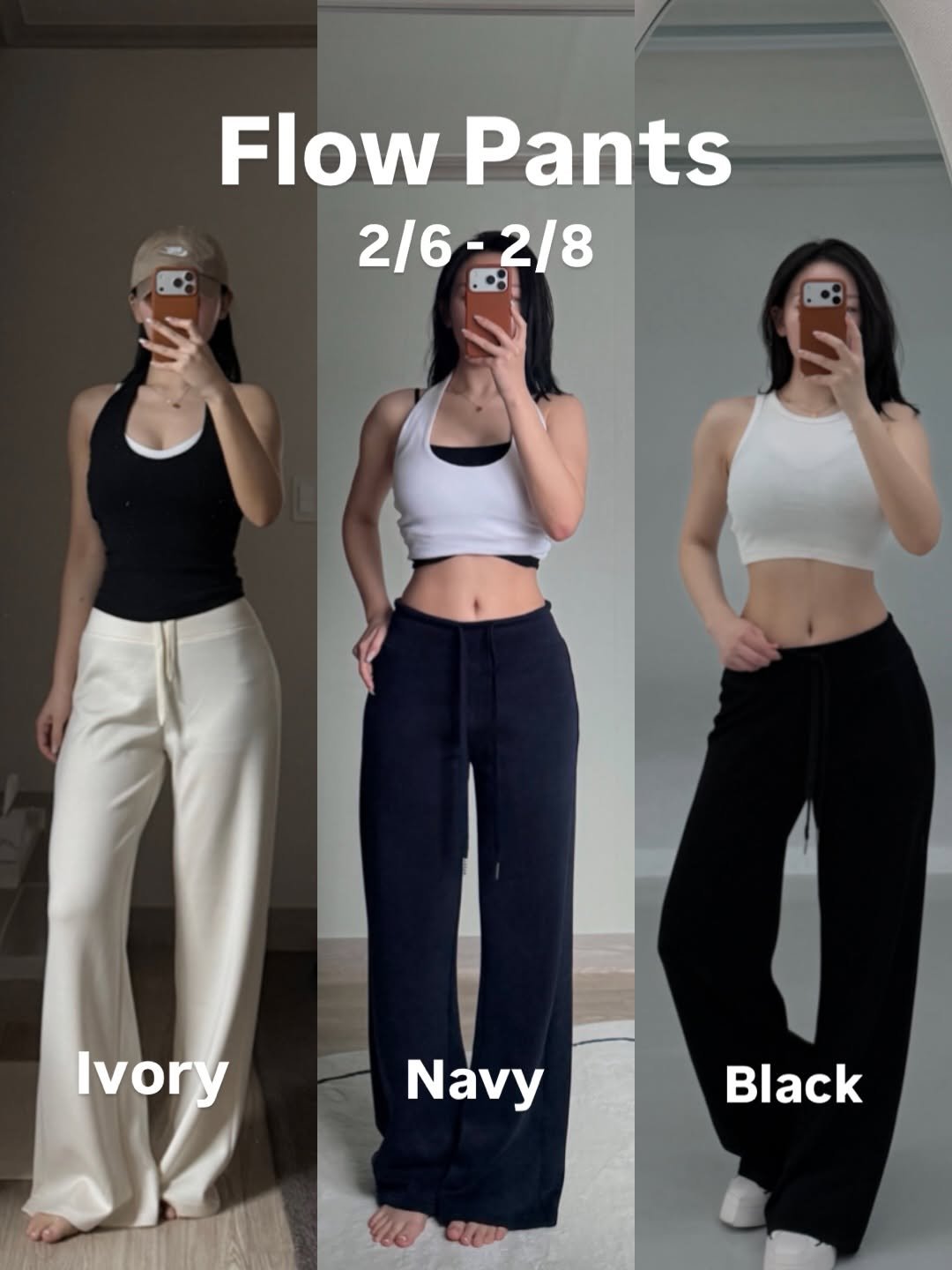 Photo by 예린 on February 06, 2026. May be an image of activewear, sweatpants, top and text that says 'Flow Pants 2/6 2/6-2/8 2/8 Ivory Navy Black'.