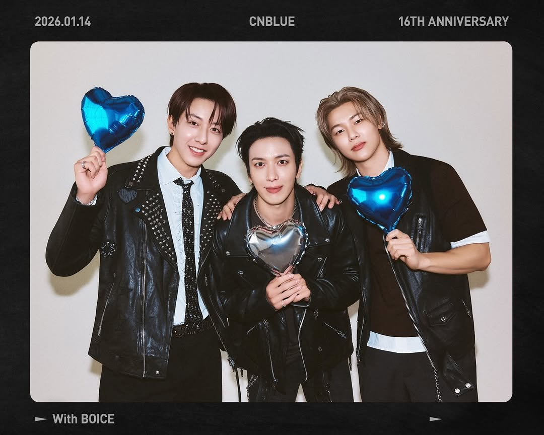 Photo by CNBLUE OFFICIAL on January 13, 2026. May be an image of one or more people, bangs, bolo tie and text that says '2026.01.14 CNBLUE 16THANNIVERSARY 16TH HANNIVERSARY WithBOICE With BOICE'.