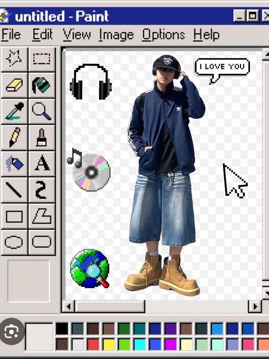 Photo by Ol정인 on July 18, 2025. May be an illustration of 1 person, phone, portable cassette player and text that says 'untitled Paint File Edit View Image Options Help ILOWEYOU I LOVE YOU ど m A 2 L ራ oeO ن'.