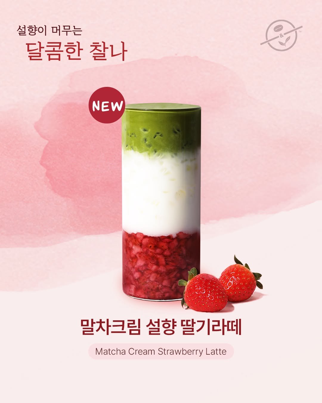 Photo shared by 커피빈코리아 on January 11, 2026 tagging @coffeebean_kr. May be an image of smoothie, strawberry and text that says '설향이 머무는 달콤한 찰나 NEW 말차크림 설향 딸기라떼 Matcha Cream Strawberry Latte'.