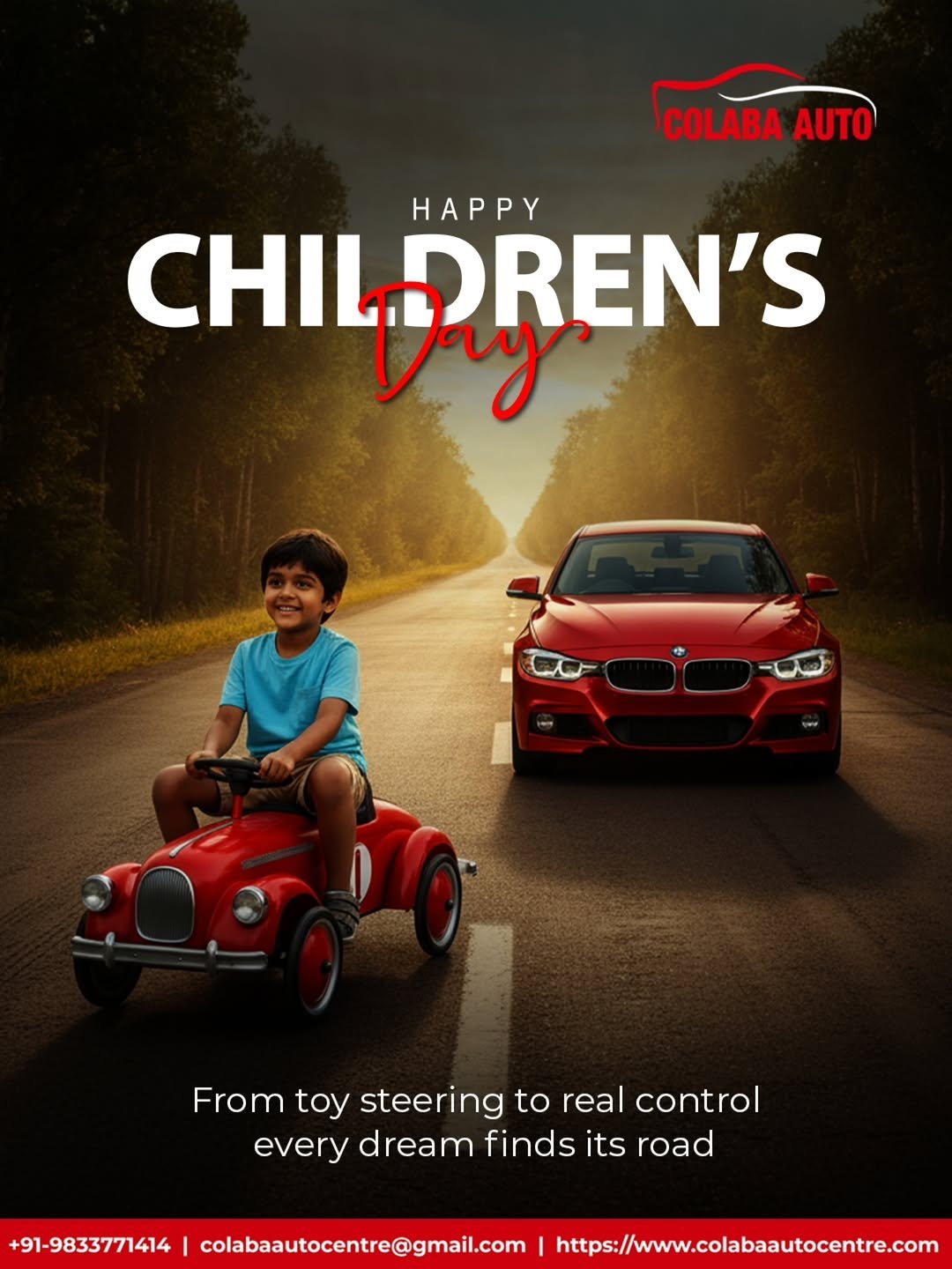 Photo by Colaba AutoCentre on November 13, 2025. May be a cartoon of child, car, poster, wheel, magazine and text that says 'COLABA AUTO APPy CHILDRE CHILD CHILODREN'S LDREN'S Dry From toy steering to real control every dream finds its road +91-9833771414 colabaautocentre@gmail.com https://ww.clabautocentre.com'.