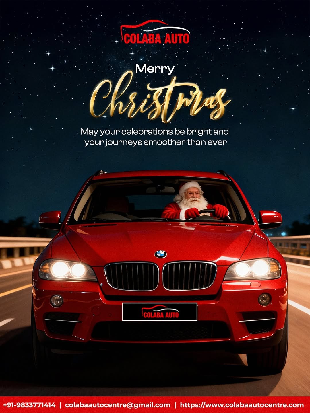 Photo by Colaba AutoCentre on December 24, 2025. May be an image of wheel, sedan, road and text that says 'COLABAAUTO COLABA AUTO Merry Christrngs May your -Mayyourcelebrationsbaborightand celebrations be bright and your journeys smoother yourjourmneygsmootherthanever than ever 司Mー COLABAAUTO AUTO COLABA +91-9833771414 colabaautocentre@gmail.com https://www.clbaautacentre.com'.