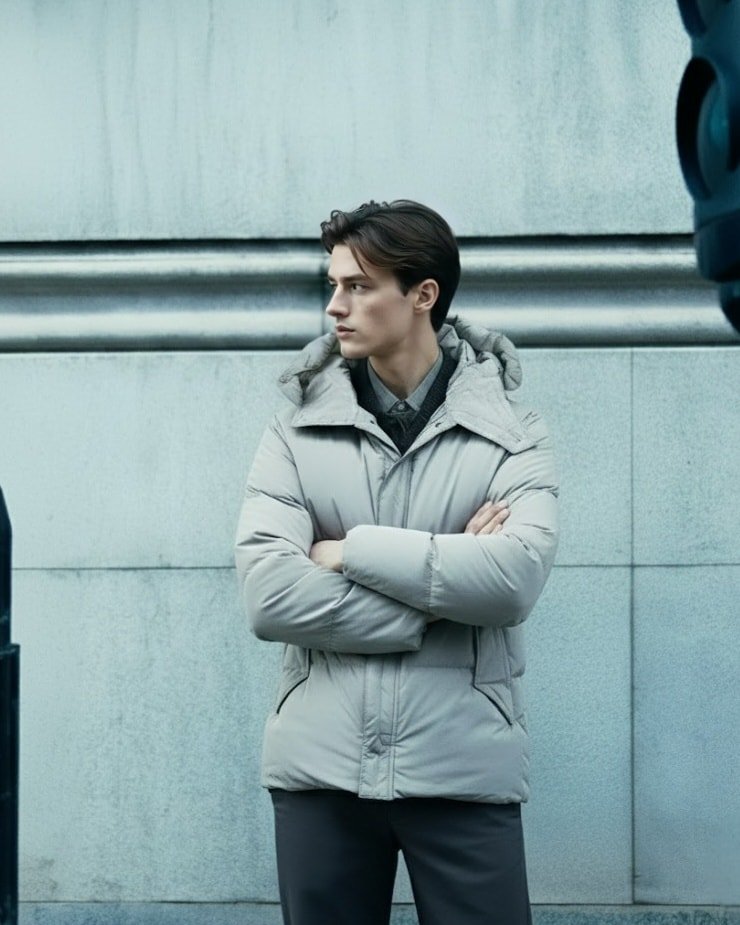 Photo by 컨셉원 concepts1one on January 07, 2026. May be an image of one or more people, duffle coat, overcoat, goosedown coat, parka, raincoat, jacket, fleece and text.