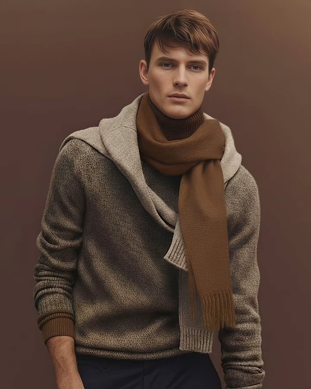 Photo by 컨셉원 concepts1one on November 25, 2025. May be an image of scarf, shawl, fleece, knit, wool, sweater, turtleneck and text.