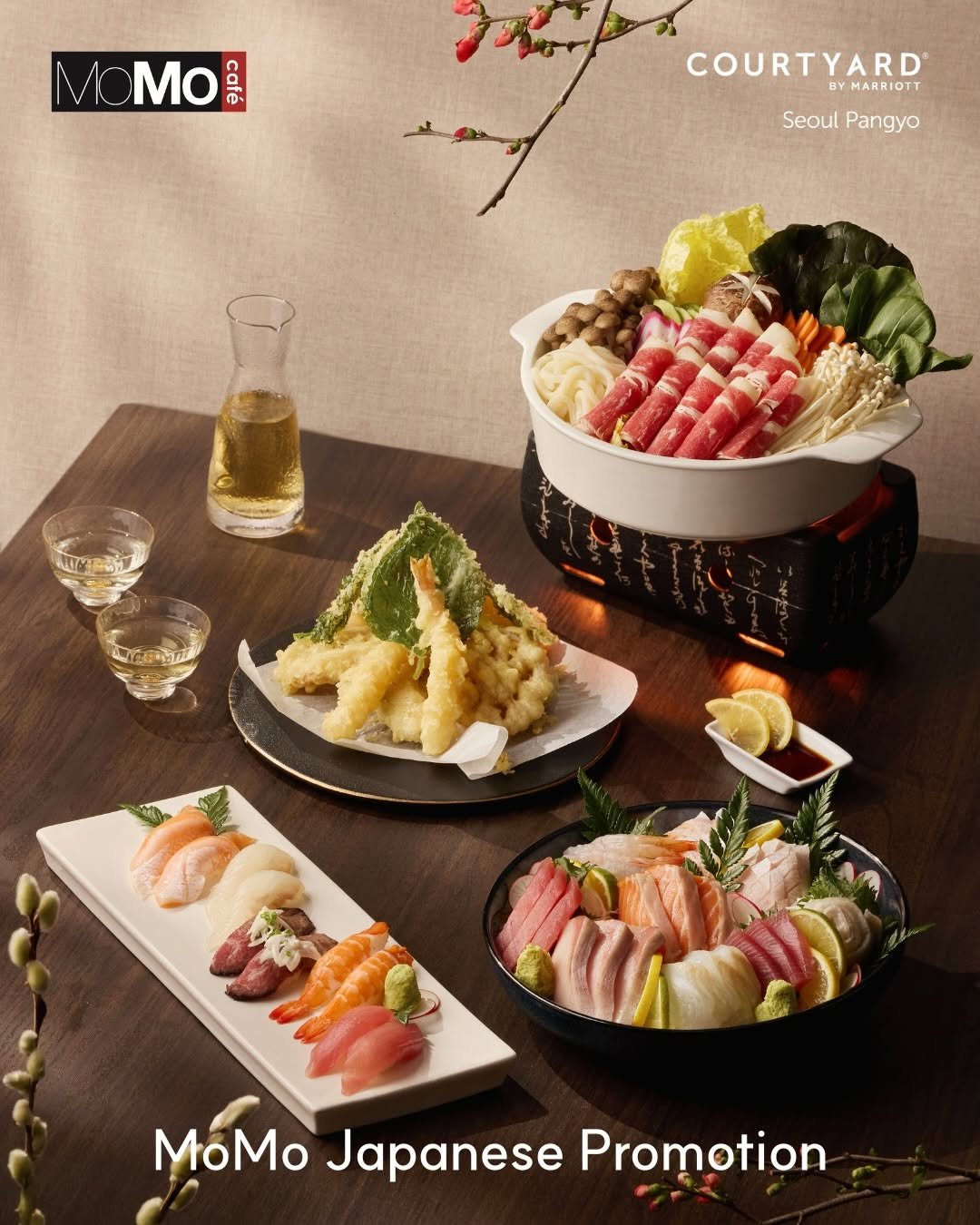 Photo by 코트야드 바이 메리어트 서울 판교 on February 23, 2026. May be an image of hot pot, sashimi, sushi, buffet and text that says 'MOMO Mo COURTYARD BYMARRIOTT Seoul SeoulPangyo Pangyo MoMo Japanese Promotion'.