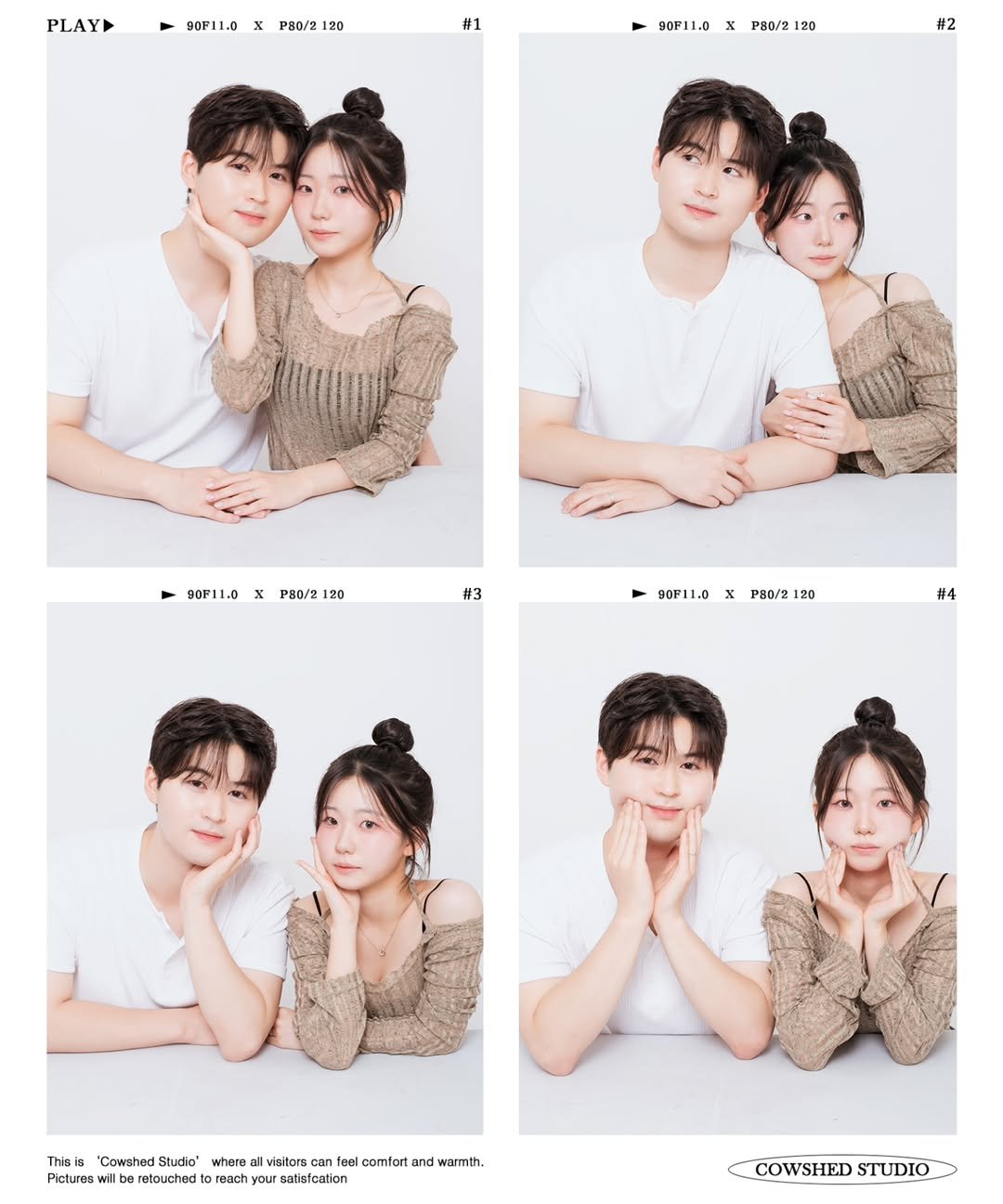Photo by 외양간 스튜디오 | 홍대사진관 · 커플사진 · 커플스냅· 프로필사진 · 홍대증명사진 on August 13, 2025. May be an image of 8 people, hair and text that says 'PLAY 90P11.0 x PHO/2 120 #1 90F11.0 P80/2 120 #2 90F11.0 x P80/2 20 #3 90F11.0 90F11.0XPHO/2120 x PHO/2 120 #4 This/s "Cowshed Studio" Where visitors can to foal comtort and warmth. Pictures retouched reach your satistcation COWSHEDSTUDIO COWSHED STUDIO'.