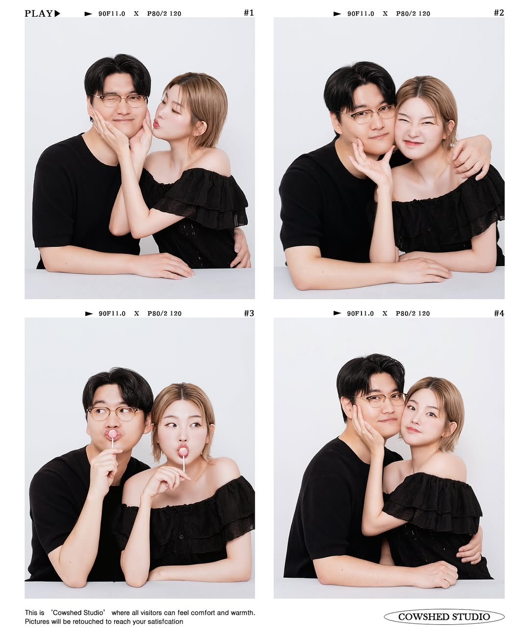 Photo shared by 외양간 스튜디오 | 홍대사진관 · 커플사진 · 커플스냅· 프로필사진 · 홍대증명사진 on September 27, 2025 tagging @_kkwajin, and @yuferesia. May be an image of one or more people and text that says 'PLAY 90F11.0 PH0/2 20 #1 90F11.0 P80/2 120 120 #2 90F11.0 x P80/2 20 #3 90F11.0 x PHO/2 120 #4 This/8 "Cowshed Studio" Where visitors can hmtsimeaeee ton tonl comtort and warmth, Pictures rotouched reach your satisfcation COWSHED COWSHEDSTUDIO STUDIO'.