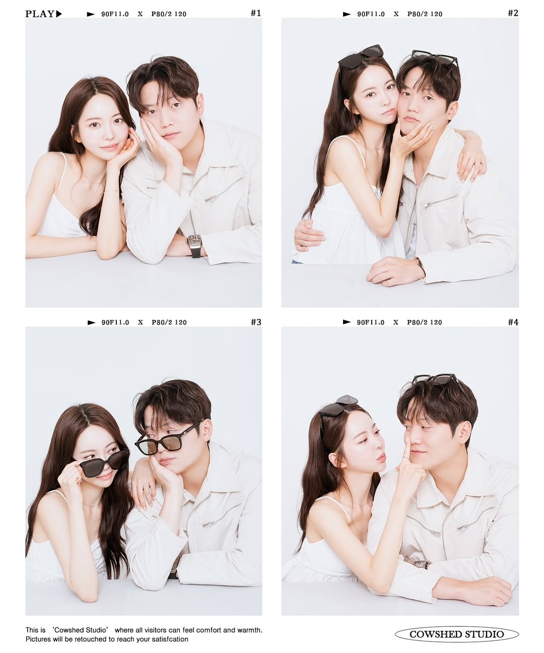 Photo by 외양간 스튜디오 | 홍대사진관 · 커플사진 · 커플스냅· 프로필사진 · 홍대증명사진 on October 01, 2025. May be an image of one or more people, hair, people kissing, wedding and text that says 'PLAY 90F11.0 PHO/2 20 #1 90F11.0 x 80/2 120 #2 90F11.0 x P80/2 20 #3 90F11.0 90F11.0xPH0/2120 x PHO/2 120 #4 食 This/8 "Cowshed nCheeeiaeieme Studio" where visitors can fon comtart and warmth. Pictures rotouched reach your satistcation COWSHEDSTUDIO COWSHED STUDIO'.
