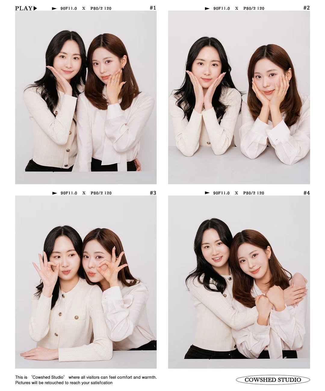 Photo by 외양간 스튜디오 | 홍대사진관 · 커플사진 · 커플스냅· 프로필사진 · 홍대증명사진 on April 02, 2026. May be an image of text that says 'PLAY 90F11.0 x PHO/2 20 #1 90F11. x P80/2 120 #2 90F11.0 x P80/2 20 #3 90F11.0 90F11.0XPHO/2120 x PHO/2 120 #4 Thisla "Cowshed Studio" where visitors an ton ttwiataoaaaoloe oal comtort and warmth. Pictures retouched reach your satisfcation COWSHEDSTUDIO COWSHED STUDIO'.