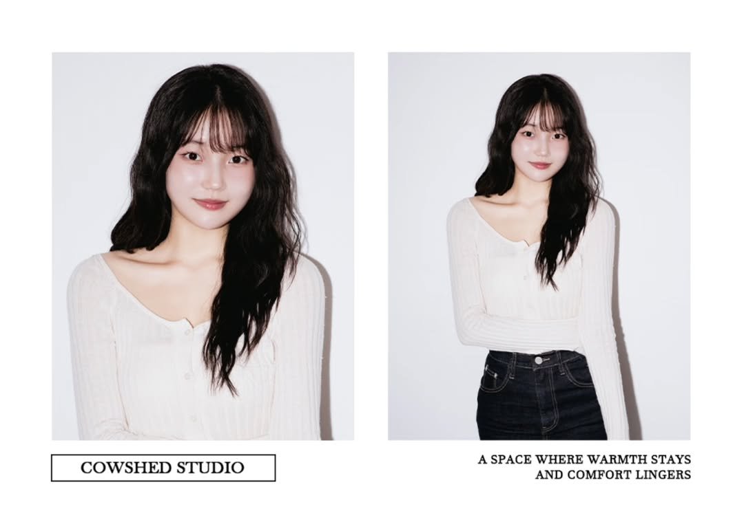 Photo by 외양간 스튜디오 | 홍대사진관 · 커플사진 · 커플스냅· 프로필사진 · 홍대증명사진 on August 22, 2025. May be an image of 2 people, hair, top and text that says 'COWSHED STUDIO A SPACE WHERE WARMTH STAYS AND COMFORT LINGERS'.