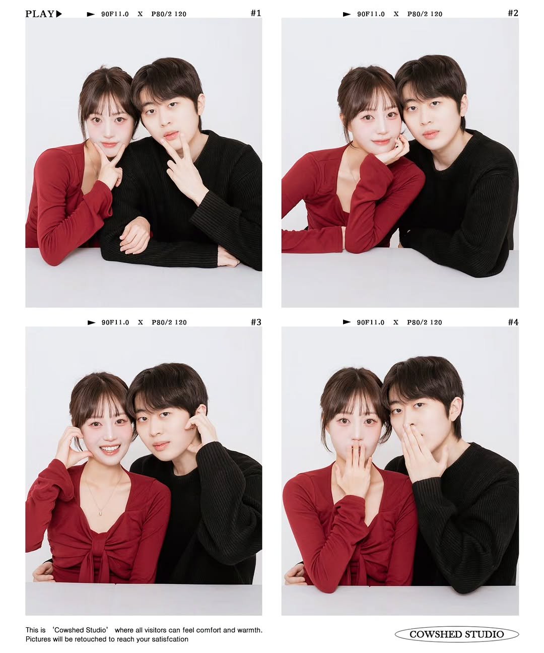 Photo by 외양간 스튜디오 | 홍대사진관 · 커플사진 · 커플스냅· 프로필사진 · 홍대증명사진 on March 26, 2026. May be an image of one or more people and text that says 'PLAY OF11.0 PH0/2 20 #1 90F11.0 x P80/2 120 #2 90F11.0 x P80/2 20 #3 90P11.0 90F11.0xPHo/2120 x PHO/2 120 120 #4 This/s "Cowshed: Studio" Pictures rotouched where visitors an fon foal comtort and warmth. reach your satistcation COWSHED COWSHEDSTUDIO STUDIO'.