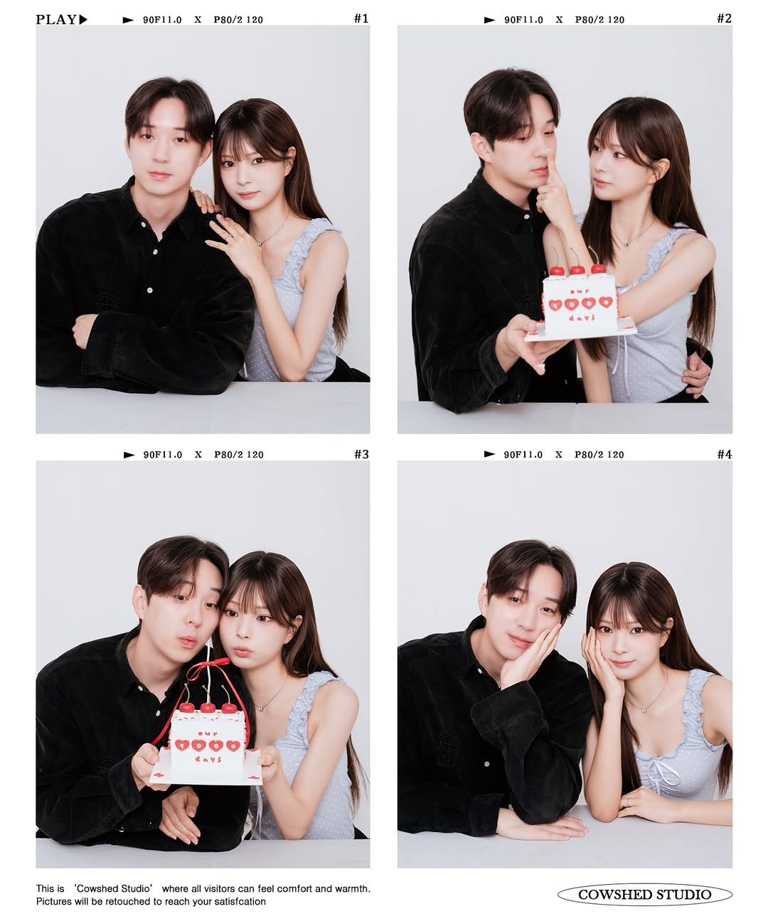 Photo by 외양간 스튜디오 | 홍대사진관 · 커플사진 · 커플스냅· 프로필사진 · 홍대증명사진 on February 17, 2026. May be an image of one or more people and text that says 'PLAY 90F11.0 PHO/2 120 #1 90F11.0 P80/2 120 #2 0000 天1! 90F11.0 x P80/2 20 #3 90F11.0 90F11.0xPH0/2120 x PHO/2 120 #4 1000 This/8 "Cowshed Studio" Pictures rotouched where visitors can an ton foal comtor reach your satafcation and warmth. COWSHED COWSHEDSTUDIO STUDIO'.