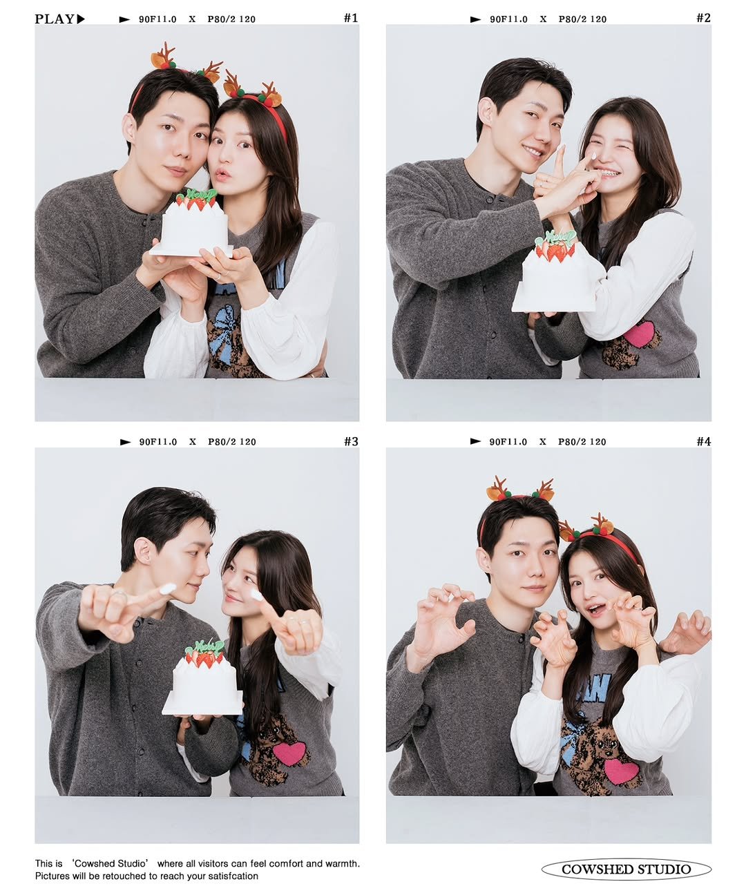 Photo by 외양간 스튜디오 | 홍대사진관 · 커플사진 · 커플스냅· 프로필사진 · 홍대증명사진 on January 13, 2026. May be an image of one or more people and text that says 'PLAY 90F11.0 x PHO/2 20 #1 90F11.0 x P80/2 120 #2 90F11.0 x P80/2 20 #3 90F11.0 90P110xPHo/2120 x PHO/2 120 #4 Thisla "Cowshed Studio Pictures retouched Where visitors an ton foal comtort and warmth. reach your satistcation COWSHED COWSHEDSTUDIO STUDIO'.