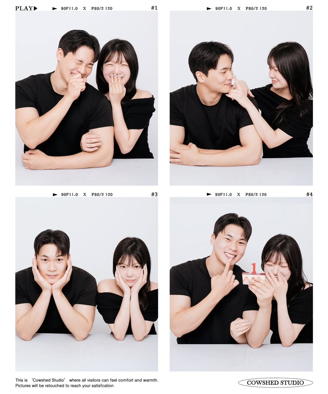 Photo by 외양간 스튜디오 | 홍대사진관 · 커플사진 · 커플스냅· 프로필사진 · 홍대증명사진 on August 26, 2025. May be an image of 8 people, hair and text that says 'PLAY 90F11.0 x PH0/2 20 #1 90F11.0 x P80/2 120 #2 90F11.0 x P80/2 20 #3 90F11.0 90F11.0xPHO/2120 x PHO/21 120 #4 This/8 "Cowshed: Studio" Pictures retouched where visitors can fon foal comtor and warmth. reach your satisfc satisfcation COWSHED COWSHEDSTUDIO STUDIO'.