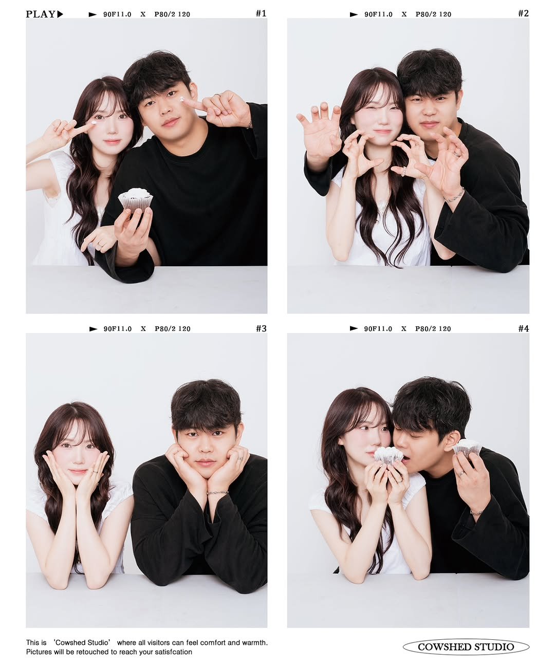 Photo by 외양간 스튜디오 | 홍대사진관 · 커플사진 · 커플스냅· 프로필사진 · 홍대증명사진 on January 04, 2026. May be an image of one or more people and text that says 'PLAY 90P11.0 x PH0/2 20 #1 90F11.0 P80/2 120 120 #2 90F11.0 x P80/2 120 #3 90F11.0 x PHO/2 120 #4 Thisla "Cowshed Studio" Where visitors can roal comtort and warmth. Pictures rotouched reach your satstcation COWSHED COWSHEDSTUDIO STUDIO'.