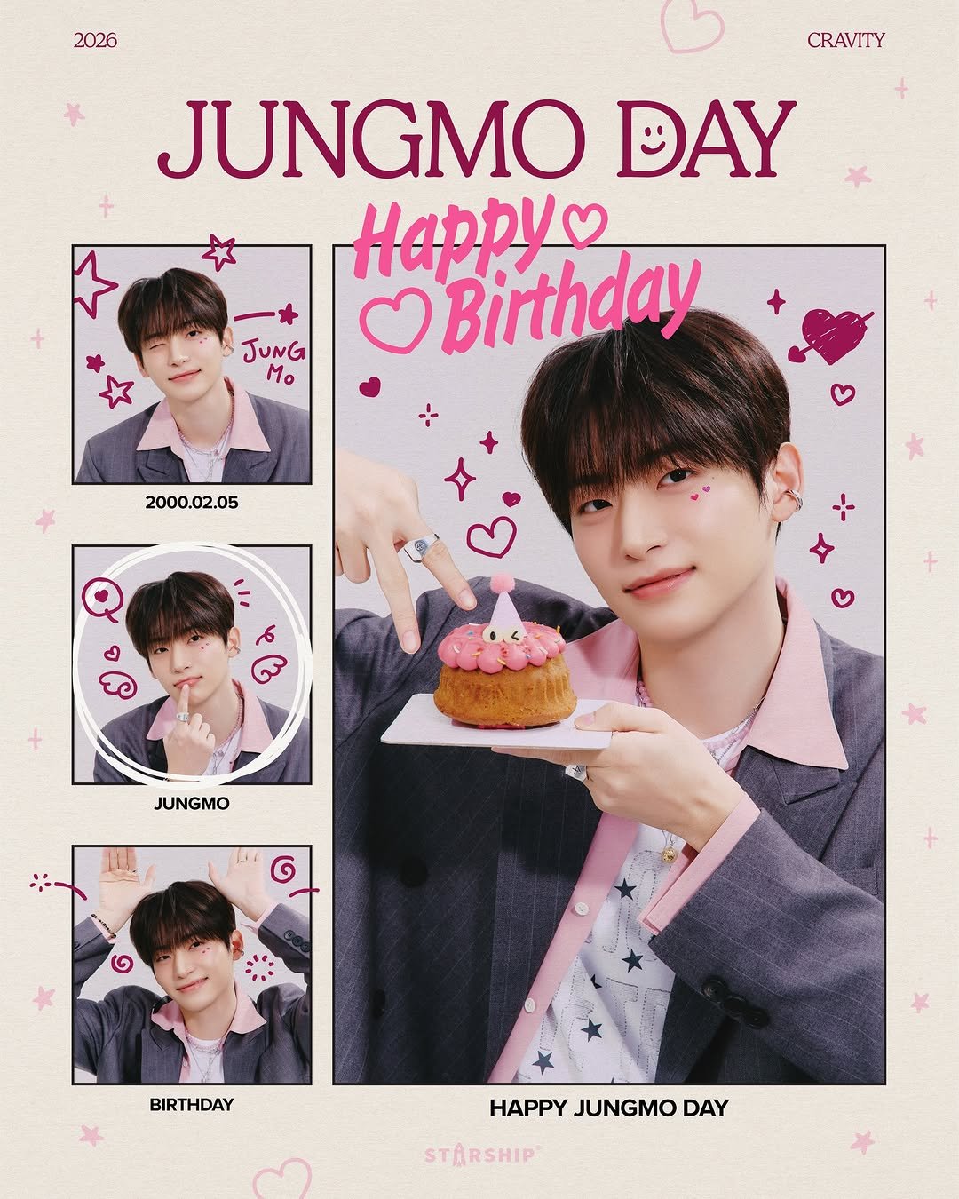 Photo shared by 크래비티 공식 인스타그램 on February 04, 2026 tagging @jun9mok00. May be an image of one or more people, bangs, poster and text that says '2026 CRAVITY JUNGMO DAY Hap Birthday JUNG Mo 2000.02.05 6 JUNGMO JUNGMO G BIRTHDAY HAPPY JUNGMO HAPPYJUNGMODAY DAY STARSHIP'.