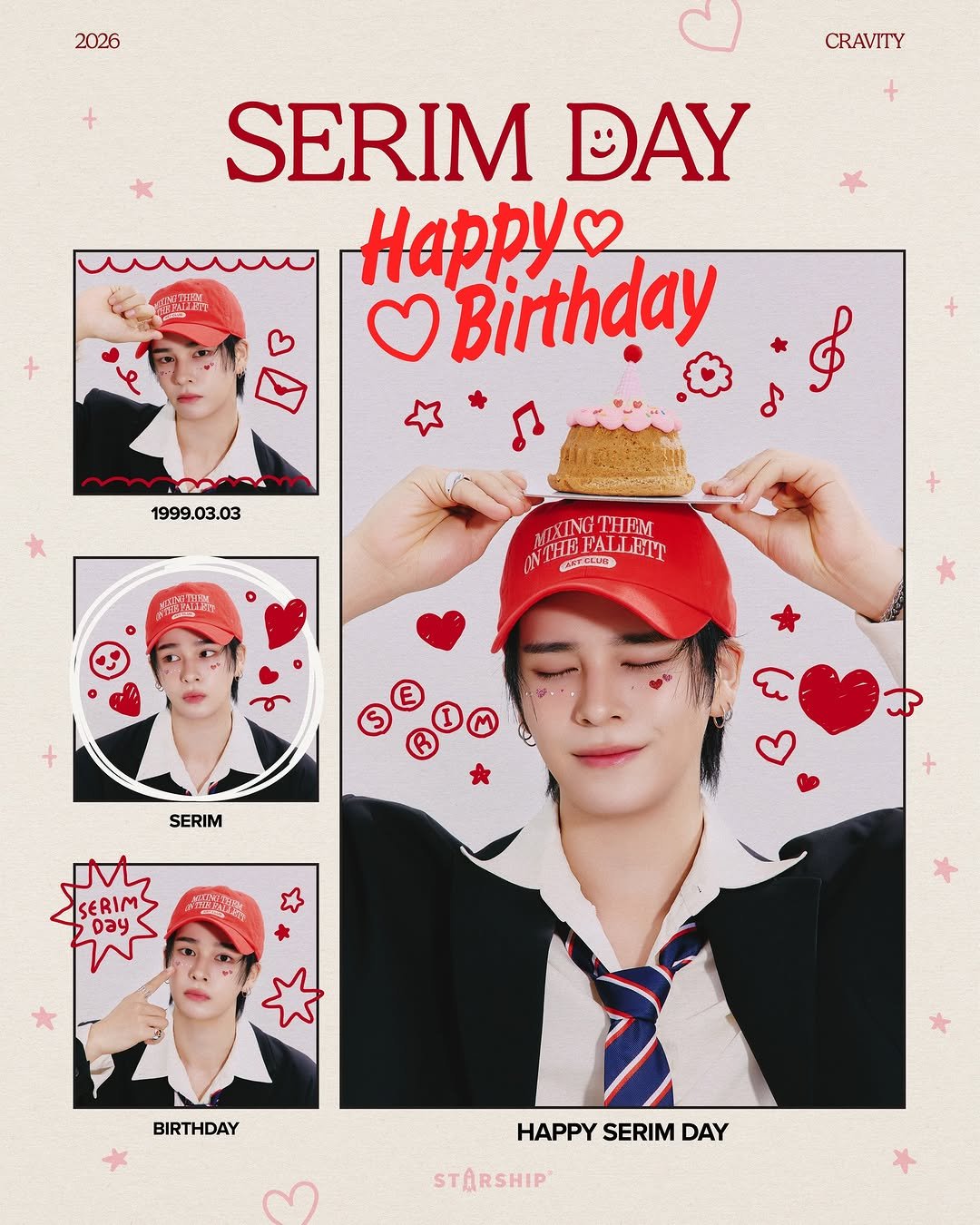Photo shared by 크래비티 공식 인스타그램 on March 02, 2026 tagging @sserimiress. May be an image of poster and text that says '2026 CRAVITY ር SERIM DAY Happy Birthday mmmo 1999.03.03 አአርያች ตนนม TEM EI LEIT ជកនសេន SERIM SERIM SERIM Day ਦभ MEUe BIRTHDAY HAPPY SERIM HAPPYSERIMDAY DAY STARSHIP'.