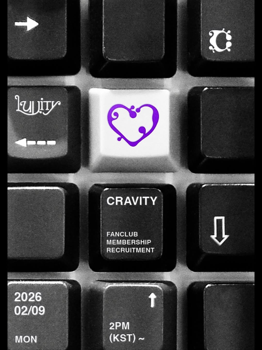 Photo by 크래비티 공식 인스타그램 on January 29, 2026. May be an image of heart, computer keyboard and text that says 'lujity CRAVITY FANCLUB MEMBERSHIP RECRUITMENT A 2026 02/09 ↑ MON 2P (KST)~'.