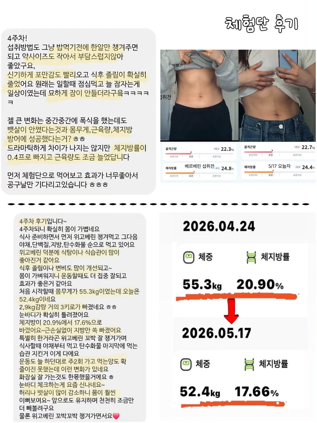 crush_kimcoka 게시물 이미지: 📌위고베린  체험단 후기

일부러 한달간의 변화를 기록했고
공통적인 후기로는 아래와...