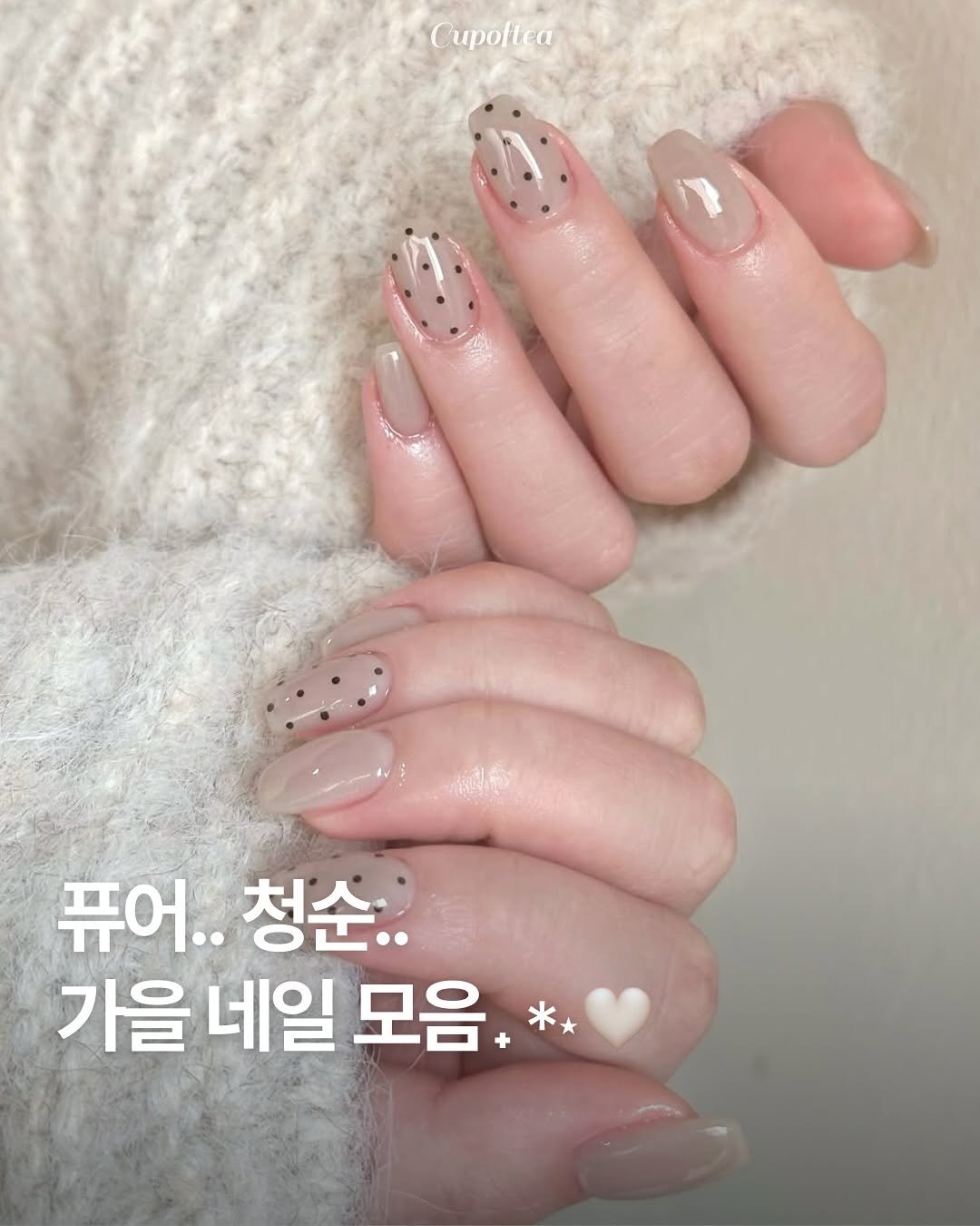 Photo shared by 컵오브티 매거진 on September 19, 2025 tagging @cupoftea_mag. May be an image of one or more people, fingernails and text that says 'Cupoftea 퓨어.. 퓨어..청순.. 청순.. 가을 가을네일 네일 가을네일모음 모음'.