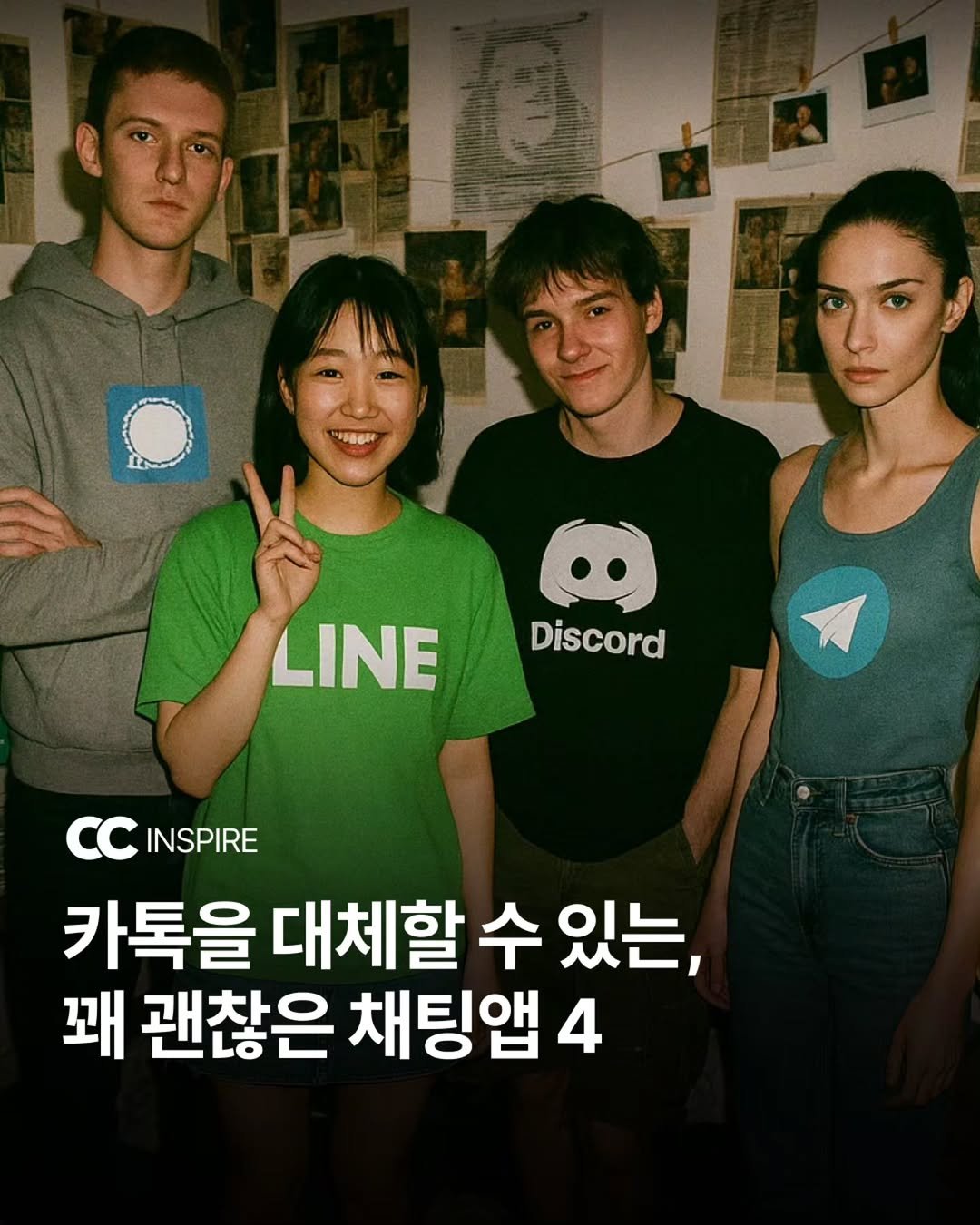 Photo by 큐레이션 클럽  Curation club on September 26, 2025. May be an image of 4 people, magazine and text that says 'O LINEDiscord LINE Discord 1 CCINSPIRE CC INSPIRE 카톡을 대체할 수 있는, 꽤 괜찮은 채팅앱 4'.