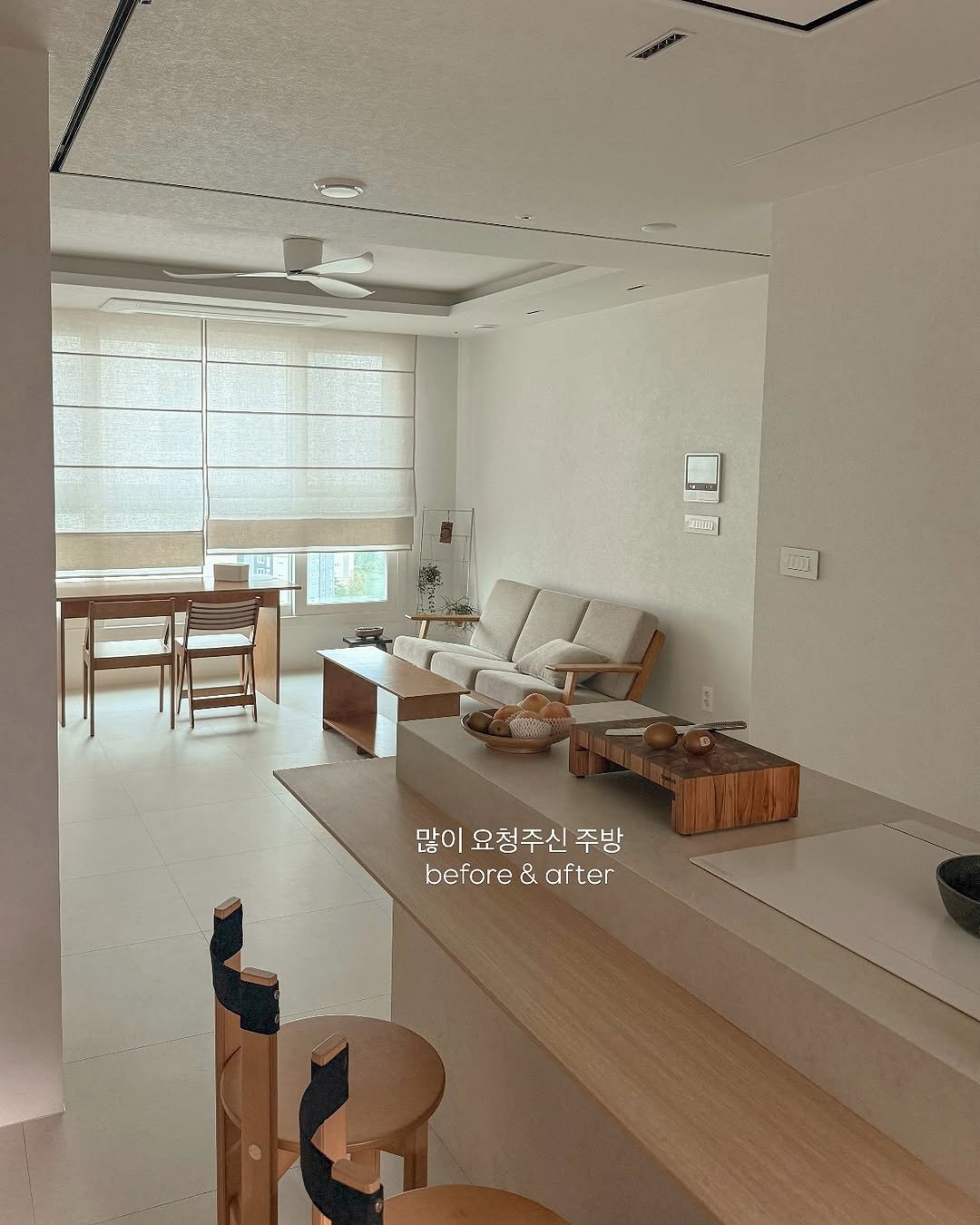 Photo by 다빈테이블 on September 09, 2025. May be an image of sink, lighting, furniture, indoors and text that says 'US E 많이 요청주신 주방 before before&after & after'.