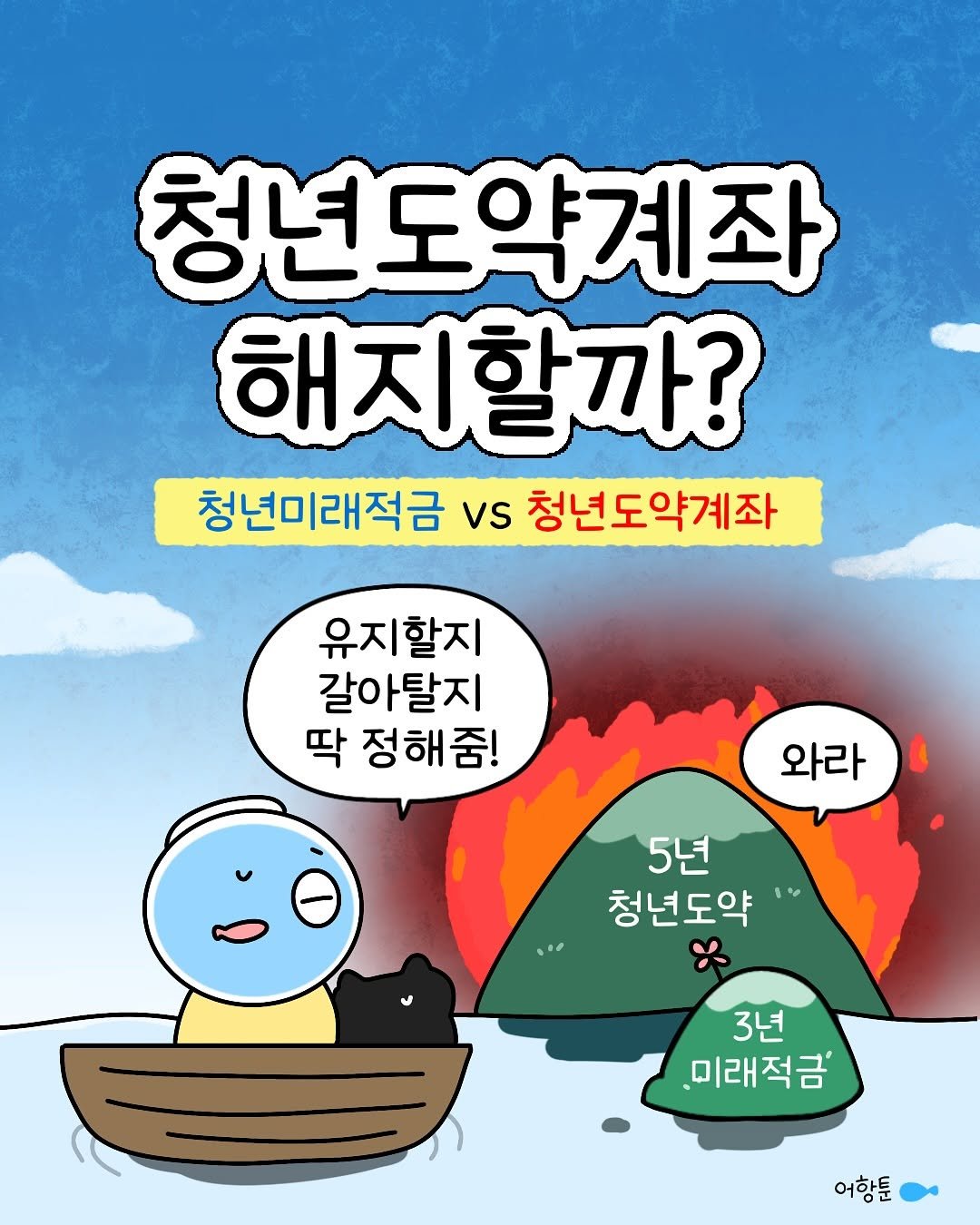 Photo by 어항툰 | 재테크툰 · 자기계발 · 신혼부부 on September 06, 2025. May be an image of text that says '청년도약계좌 해지할까? 청년미래적금 vs 청년도약계좌 유지할지 유지 갈아탈지 딱 딱정해줌! 와라 5년 청년도약 3년 미래적금 어항툰'.
