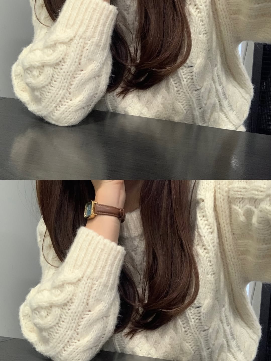 Photo by 고미 데일리룩 on January 28, 2026. May be an image of one or more people, hair, sweater, knit, turtleneck and text.