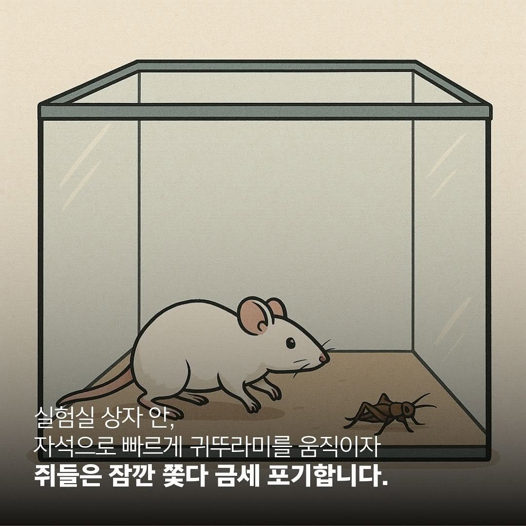 Photo by 일간소울영어 on August 15, 2025. May be a doodle of rat, rodent and text that says '실험실 상자 안, 자석으로 빠르게 귀뚜라미를 움직이자 쥐들은 잠깐 쫓다 금세 포기합니다.'.