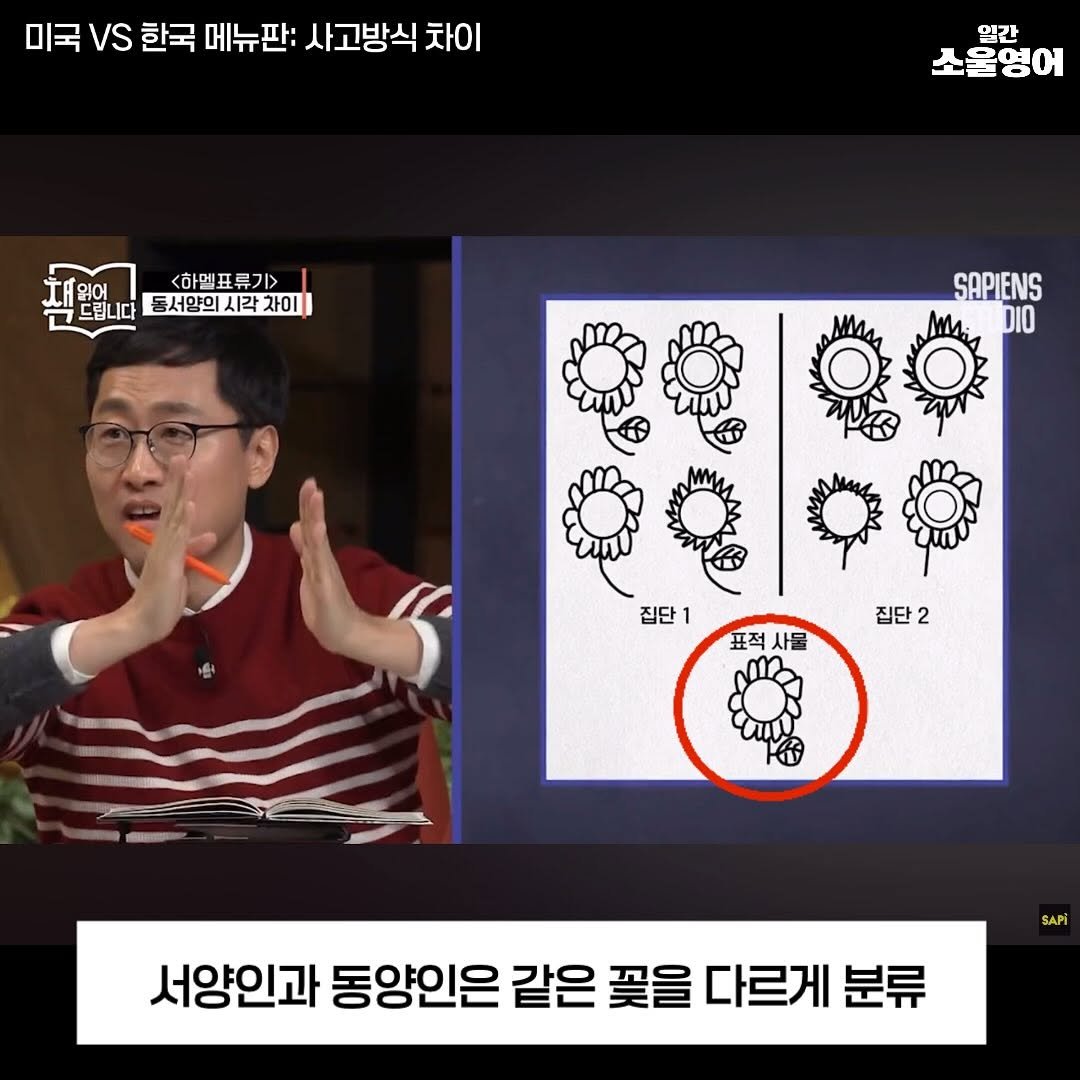 Photo by 일간소울영어 on September 28, 2025. May be an image of 1 person and text that says '미국 VS 한국 메뉴판: 사고방식 차이 임간 소울영어 대읽어 하멘표류기> 드립 드립니다 동서양의 동서양의시각차이 식드합니다동서안의시각차이 시각자이 시각 자이 SAPIENS DIO Mлa 집단 1 표적 표적사물 사물 집단 2 SAPI 서양인과 동양인은 같은 꽃을 다르게 분류'.