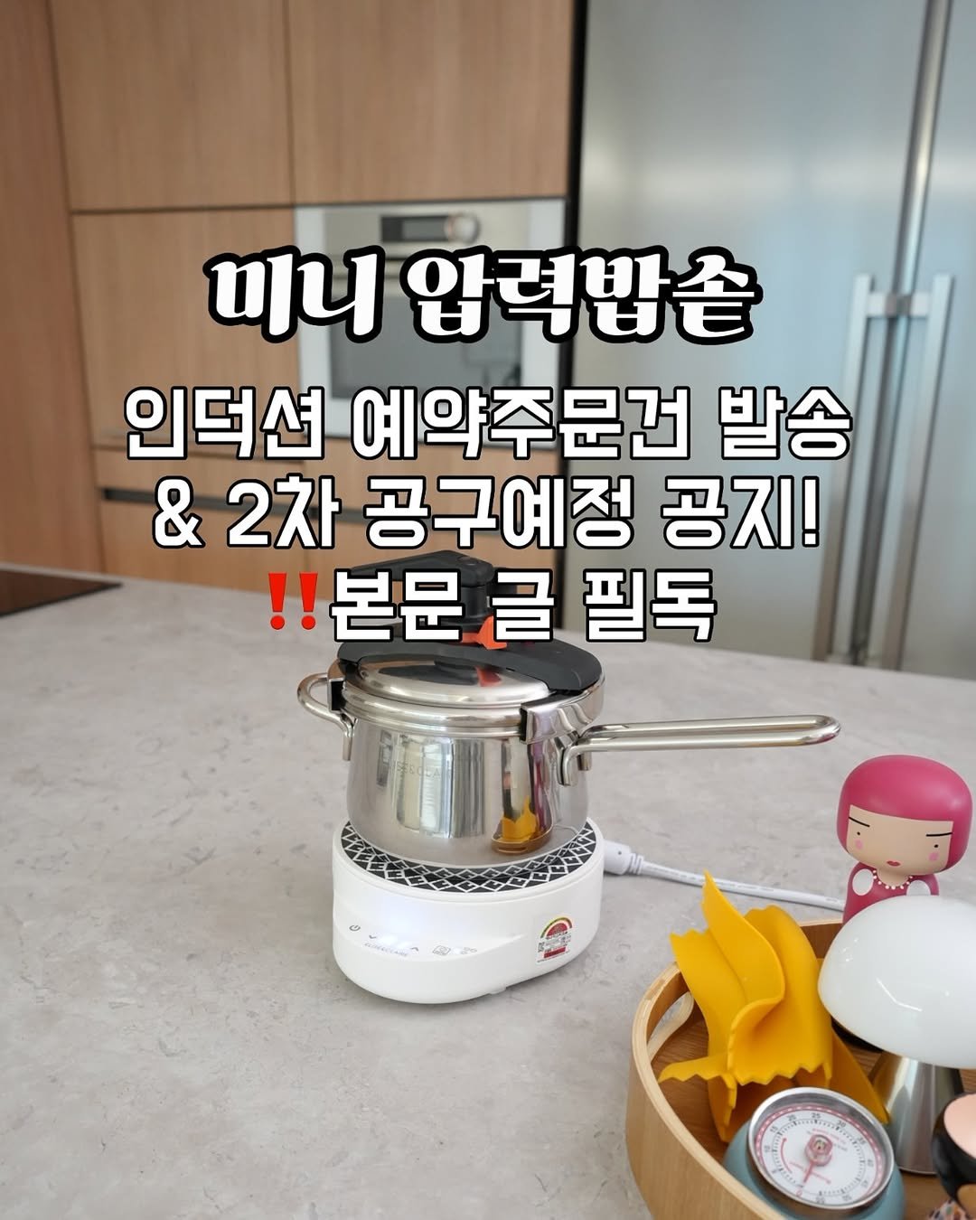 Photo by 달리테이블 / Park Jaehee on October 27, 2025. May be an image of saucepan, pot, cooker and text that says '미니 압력밥솥 인덕션 예약주문건 발송 & 2차 공구예정 공지! !!본문 글 필독 ф MG'.