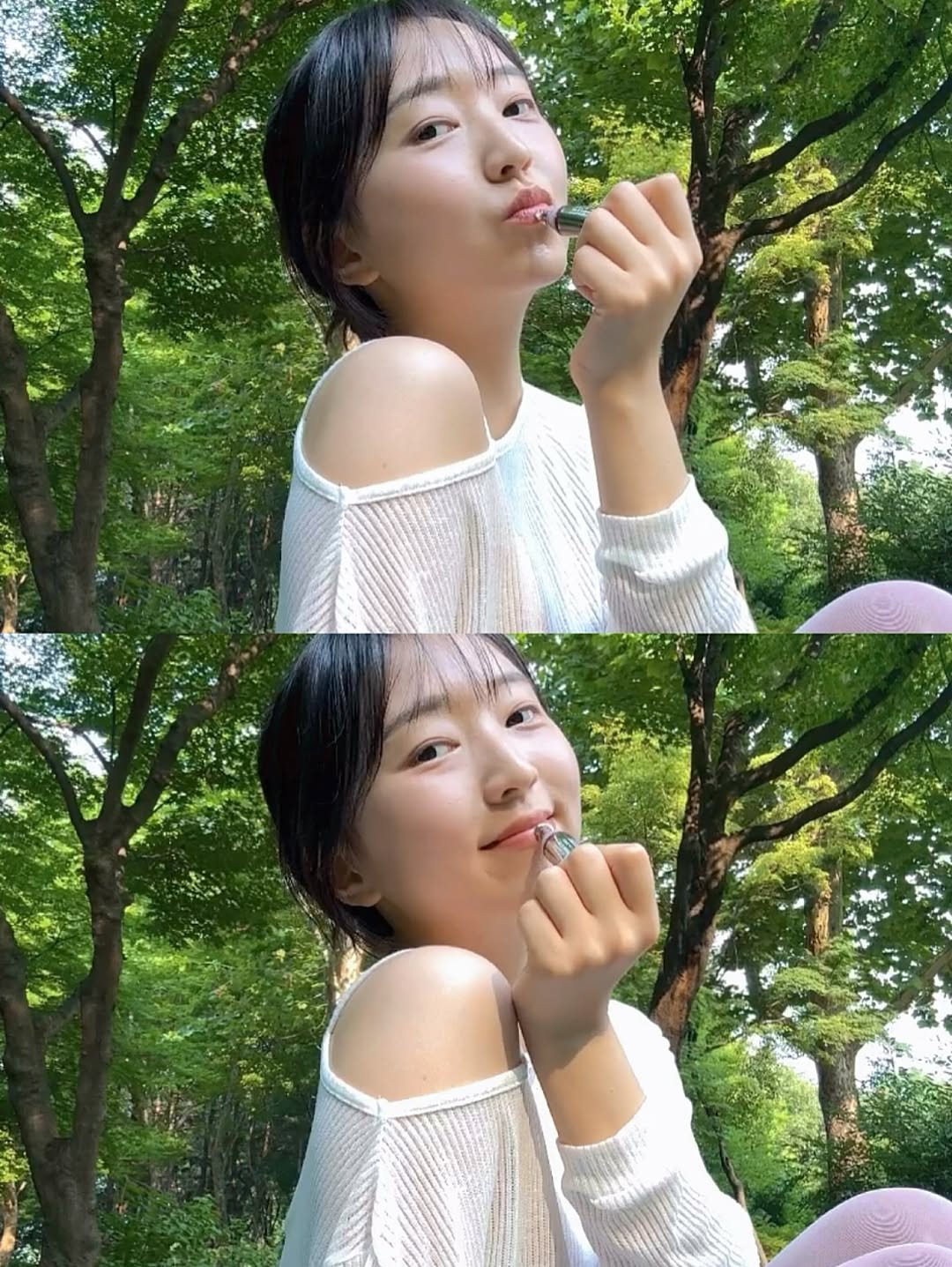 Photo shared by 송 단 | 단단하게, 요가 on July 29, 2025 tagging @nuegray, and @daniiisong. May be an image of 2 people, hair, park and text.