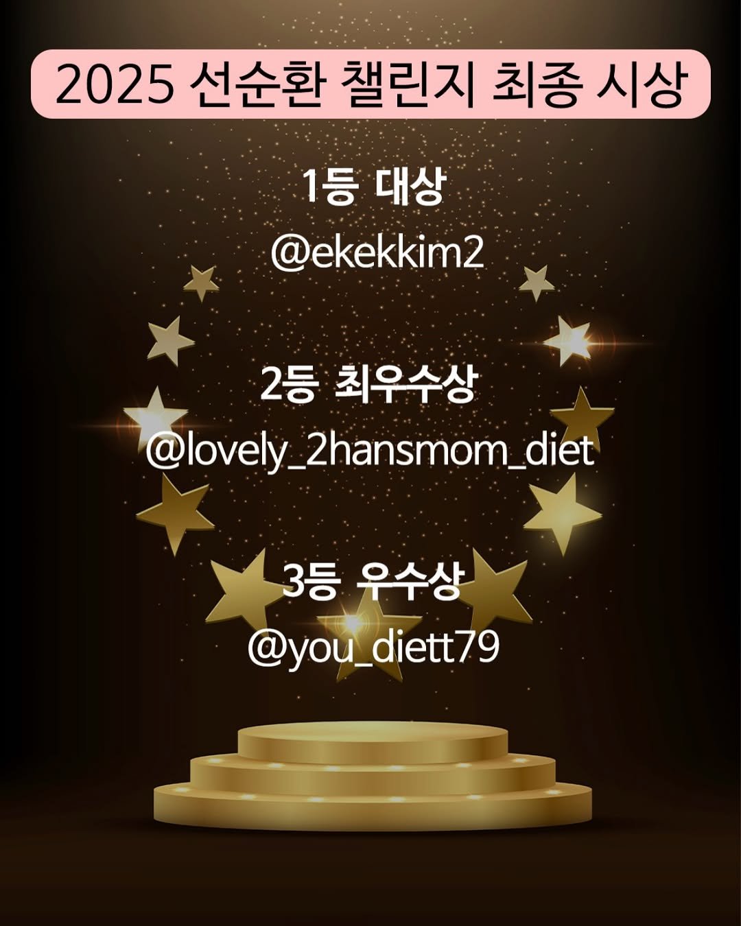 Photo by 선순환코치 다솔맘🇰🇷 on December 29, 2025. May be an image of text that says '2025 선순환 챌린지 최종 시상 1등 대상 @ekekkim2 2등 최우수상 @lovely @lovely_2hansmom_diet 3등 우수상 @you_diett79 diett79'.