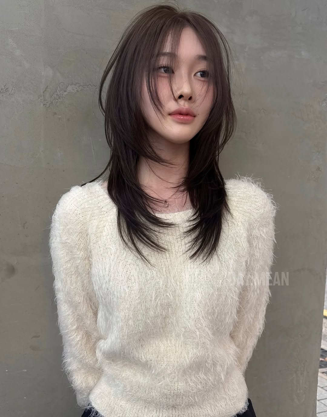 Photo by 합정미용실 데이민 서하 허쉬펌 레이어드펌 브라운염색 in 합정 홍대 상수. May be an image of one or more people, braids, bangs, top, turtleneck and text that says 'AN'.