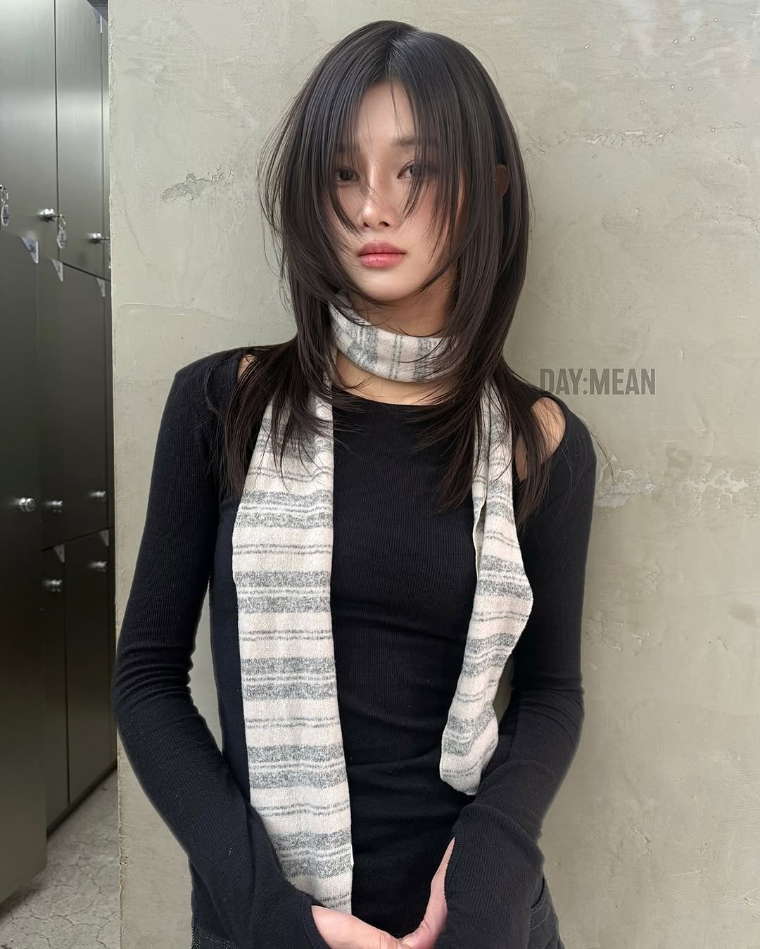 Photo by 합정미용실 데이민 서하 허쉬펌 레이어드펌 브라운염색 in 합정 홍대 상수. May be an image of one or more people, braids, bangs, scarf, vest, turtleneck and text.