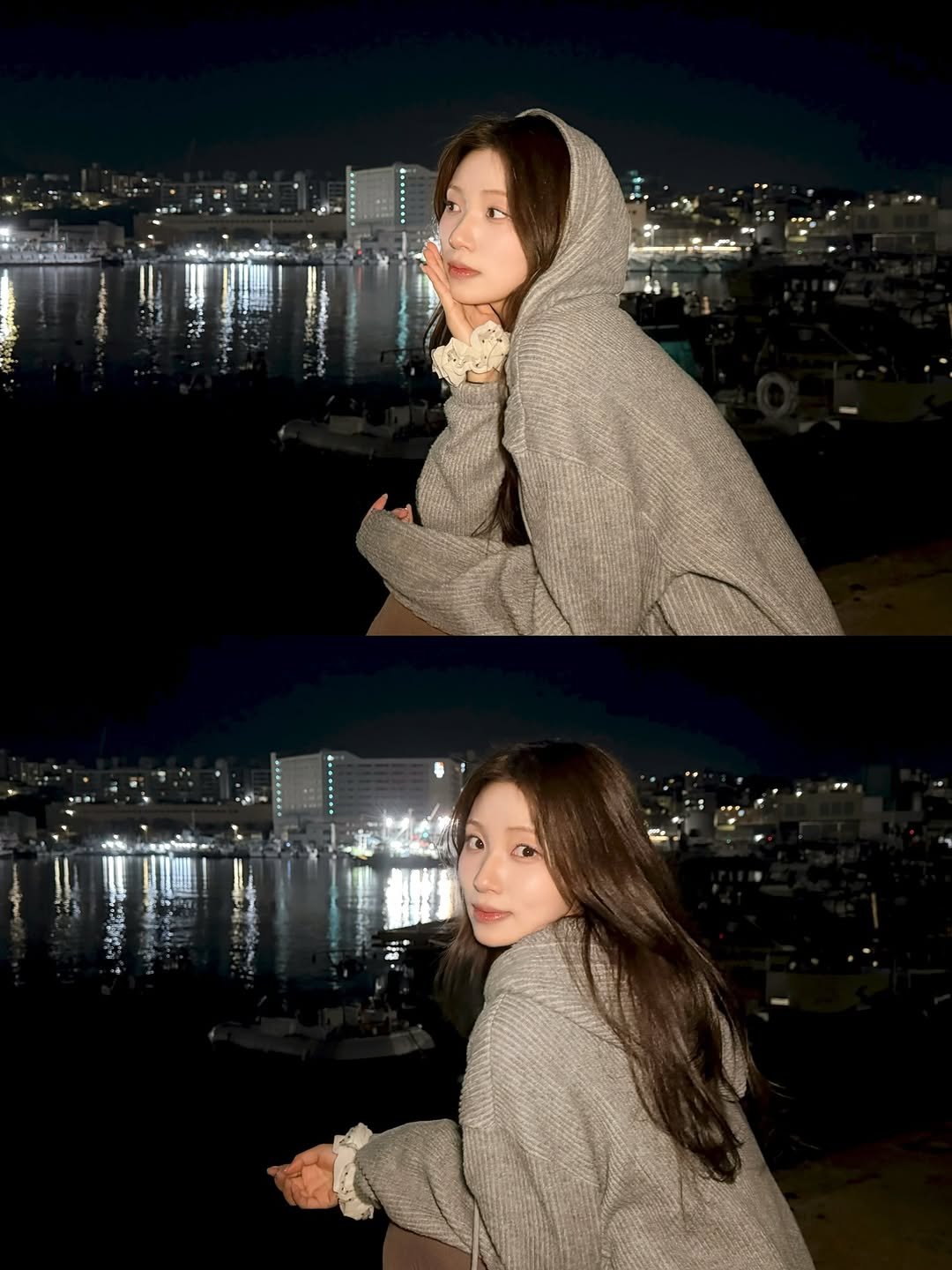 Photo by 석다예 on February 01, 2026. May be an image of duffle coat, scarf, poncho, bath robe, shawl, turtleneck, cloak, parka and text.