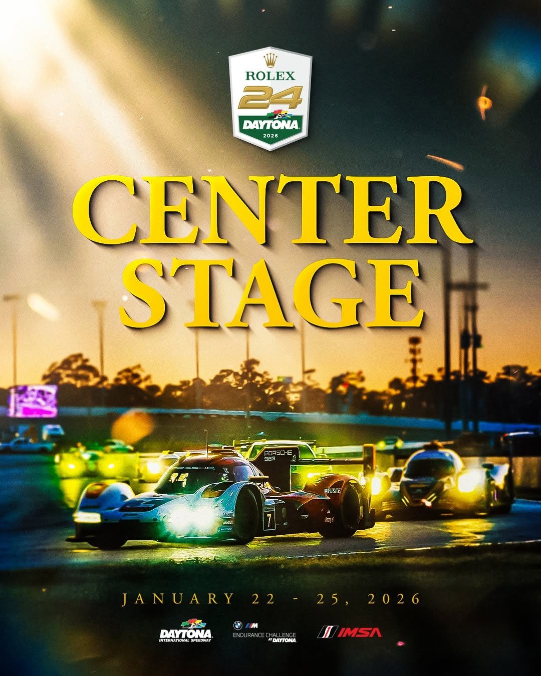 A graphic that reads "Center Stage" featuring cars racing under the lights in the Rolex 24 at DAYTONA.
