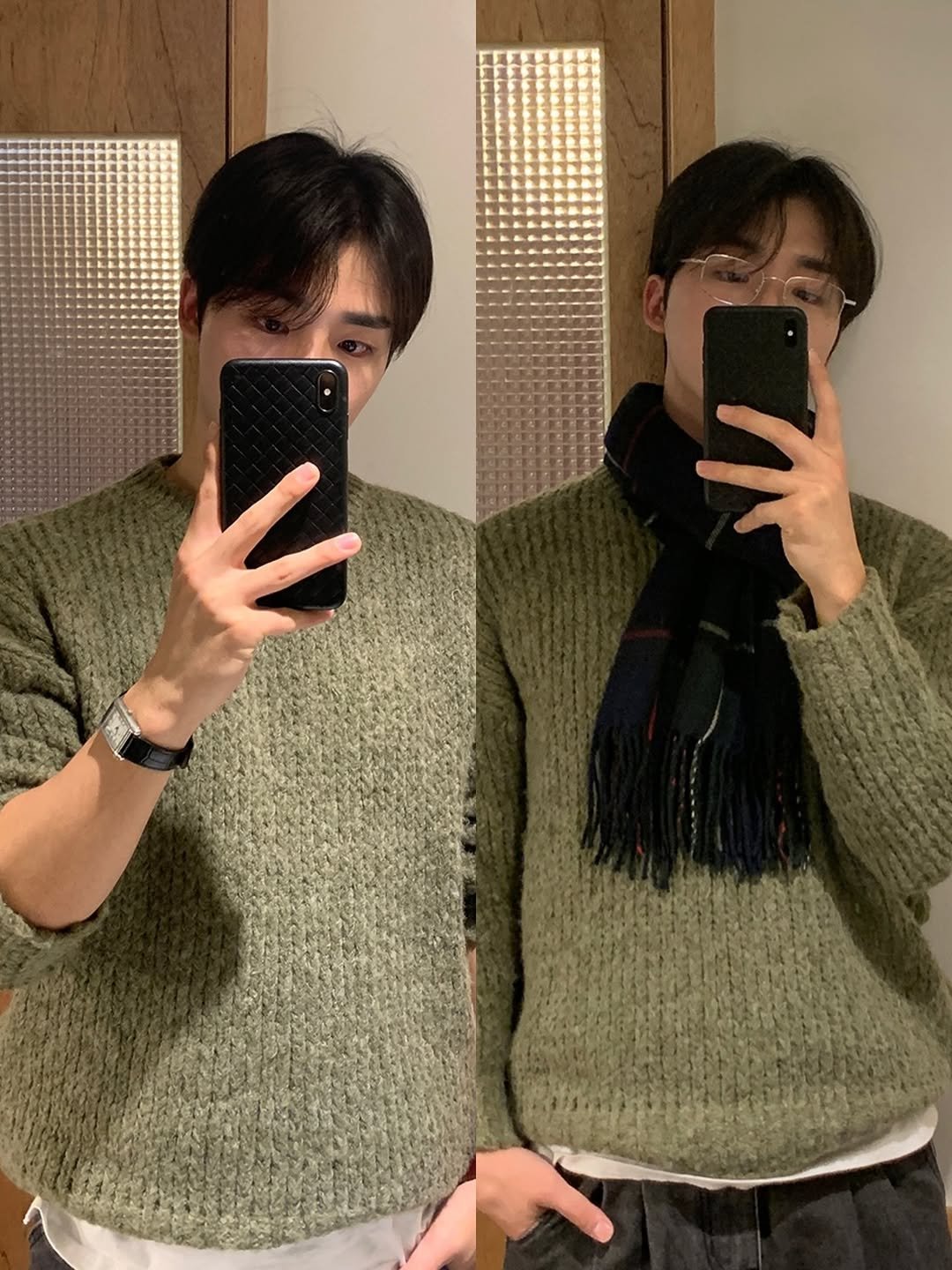 Photo by 상혁, 휴트 HUET on December 17, 2025. May be an image of duffle coat, turtleneck, sweater, scarf, knit, shawl, top and text.