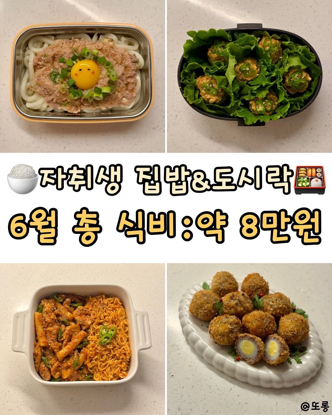 Photo by 또롱 | 자취요리 • 도시락&집밥 • 식비절약 on June 29, 2025. May be an image of tofu, anchovies, egg and text that says '자취생 딥밥&도시락 6월 6월총 6월홍식비:약8만 총 식비:약 8만원 @또롱'.