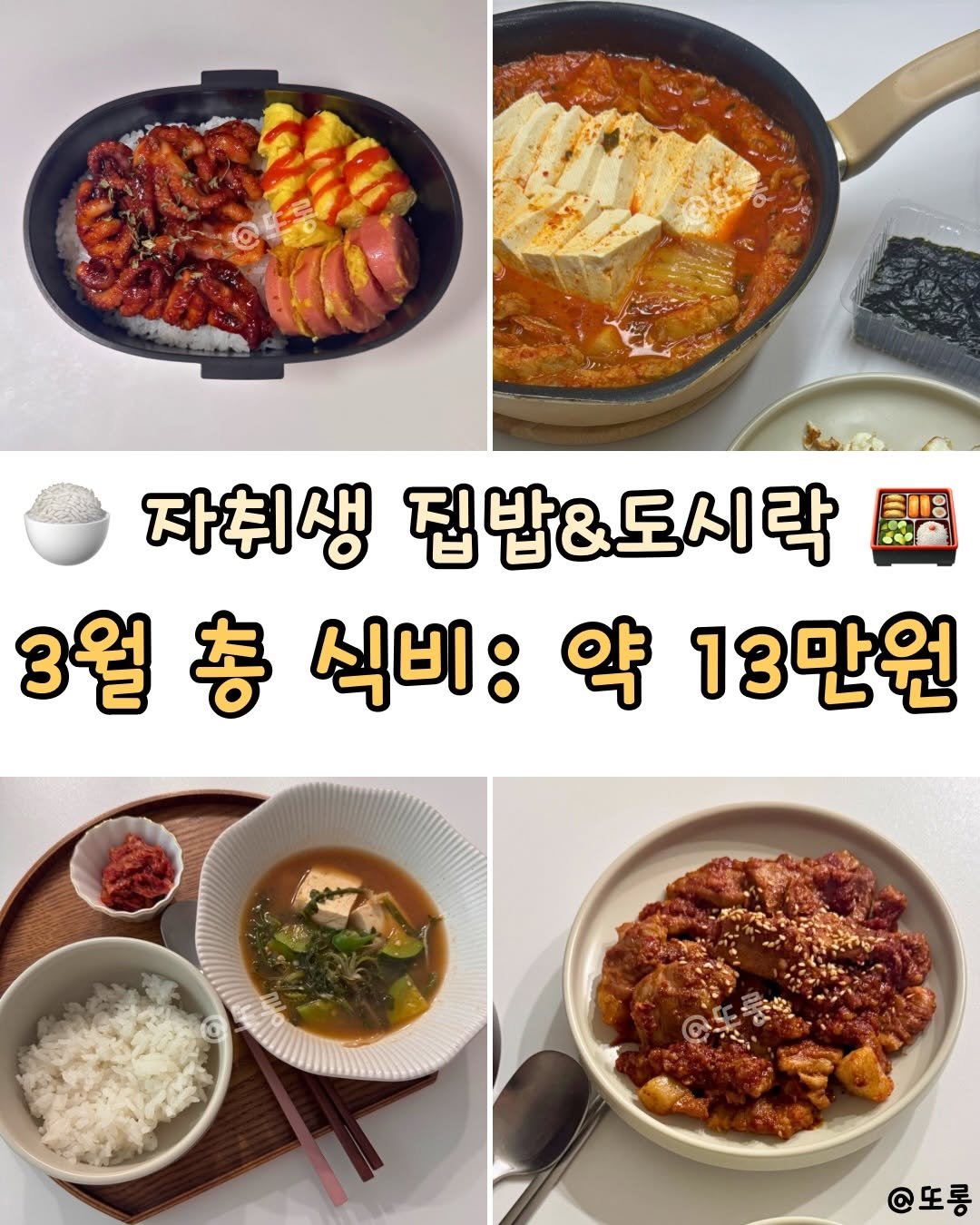 Photo by 또롱 | 식비절약 레시피 on March 31, 2026. May be an image of tofu, stew and text that says '자취생 집밥&도시락 3월 3월총식비:약13만원 총 식비: 약 13만원 @또롱'.
