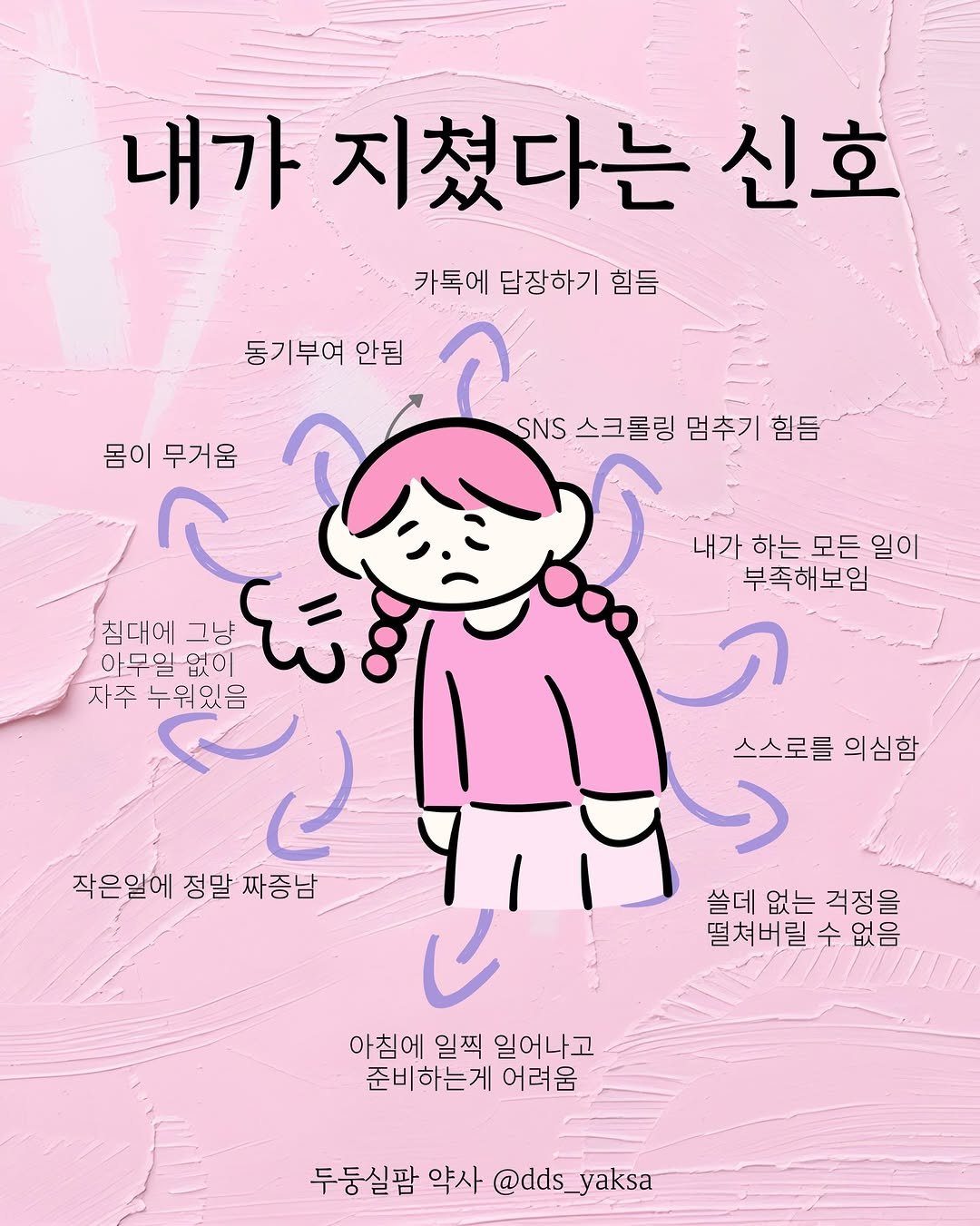 Photo by 두둥실팜 신유진 약사 on January 15, 2026. May be an illustration of poster and text that says '내가지쳤다는 내가 지쳤다는 신호 카톡에 답장하기 카톡에답장하기힘듬 힘듬 동기부여 안됨 SNS 스크롤링 멈추기 힘듬 몸이 무거움 침대에 아무일 아무일없이 도통어 없이 그냥 자주 누워있음 내가 내가하는모든일이 하는 모든 일이 부족해보임 스스로를 의심함 작은알에 정말 짜증남 쓸데 없는 걱정을 떨쳐버릴 수 없음 아침에 일찍 일어나고 준비하는게 어려움 두둥실팜 약사 @dds_yaksa @dds_'.