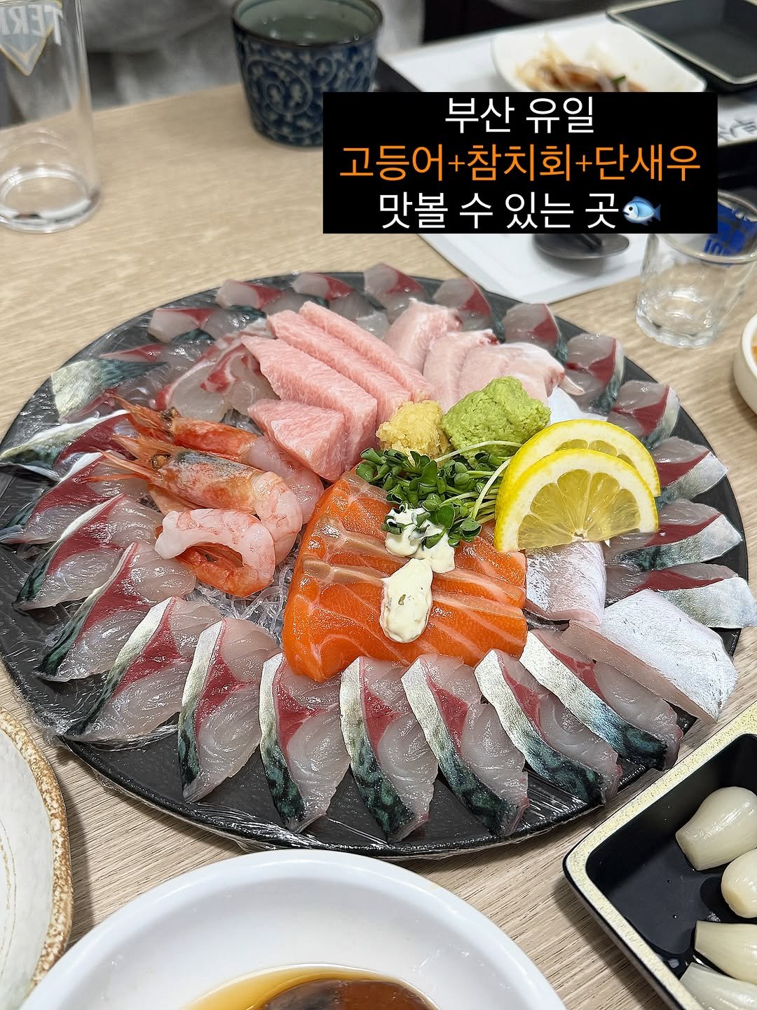 Photo by 뚱치식당 | ✨부산맛집 부산술집 부산핫플 부산여행✨ on October 19, 2025. May be an image of sashimi, sushi, salmon and text that says 'R3T 부산 유일 고등어 고등어+참치회+단새우 +참치회 단새우 맛볼 수 있는 곳 고간'.